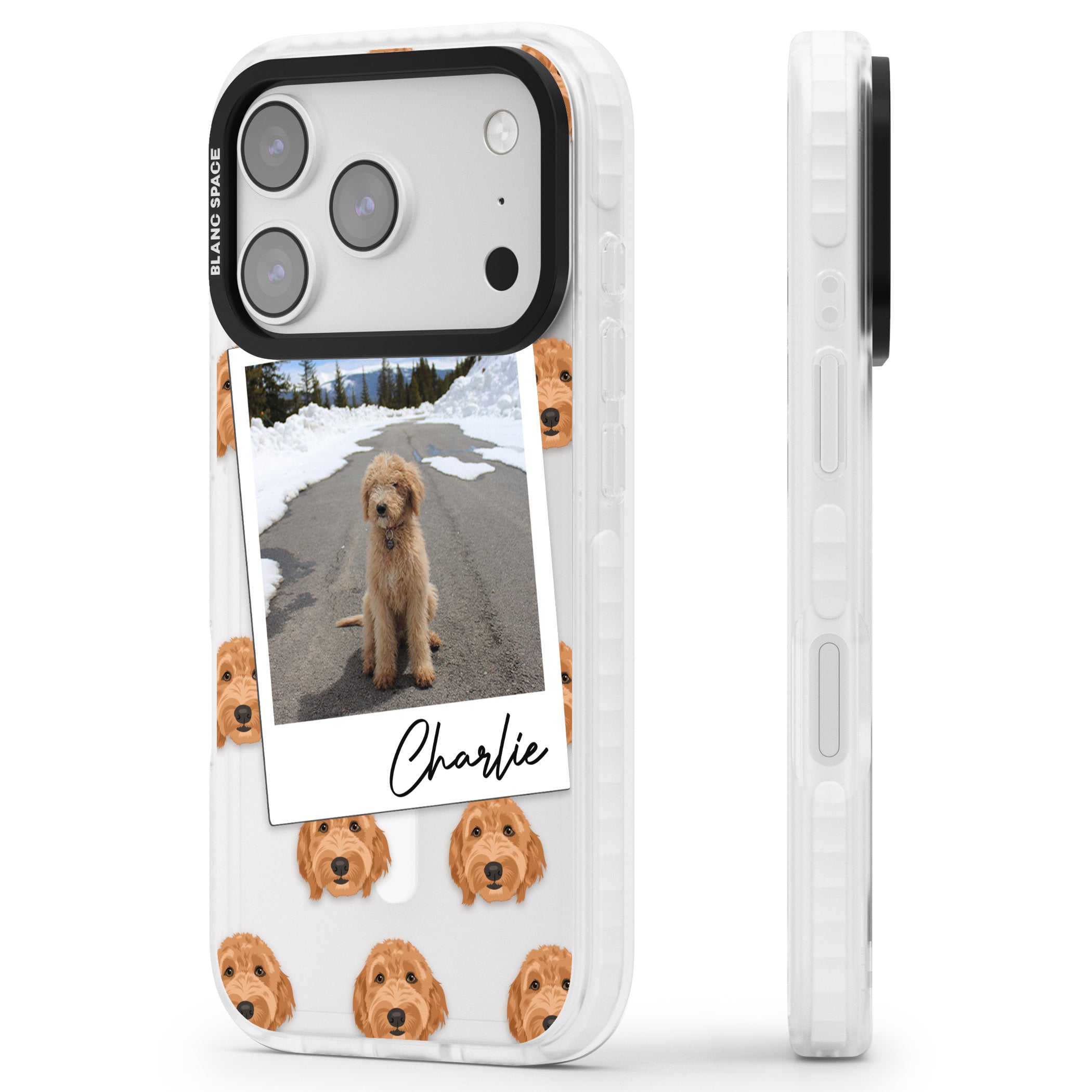 Personalised Golden Doodle Dog Photo iPhone 17 Pro Impact Pro Clear Phone Case Side Profile