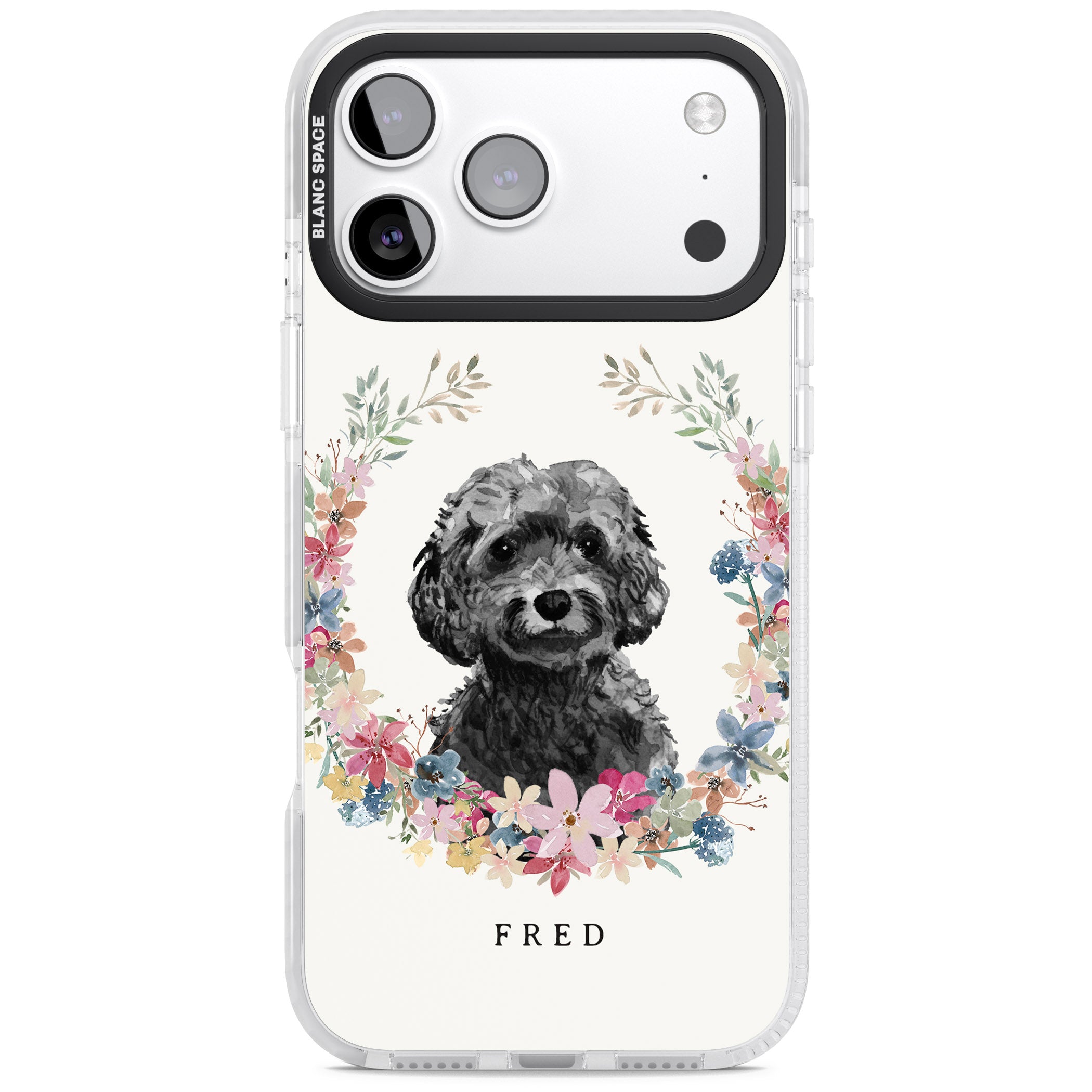 Personalised Black Cockapoo Floral Portrait iPhone 17 Pro Impact Pro Clear Phone Case