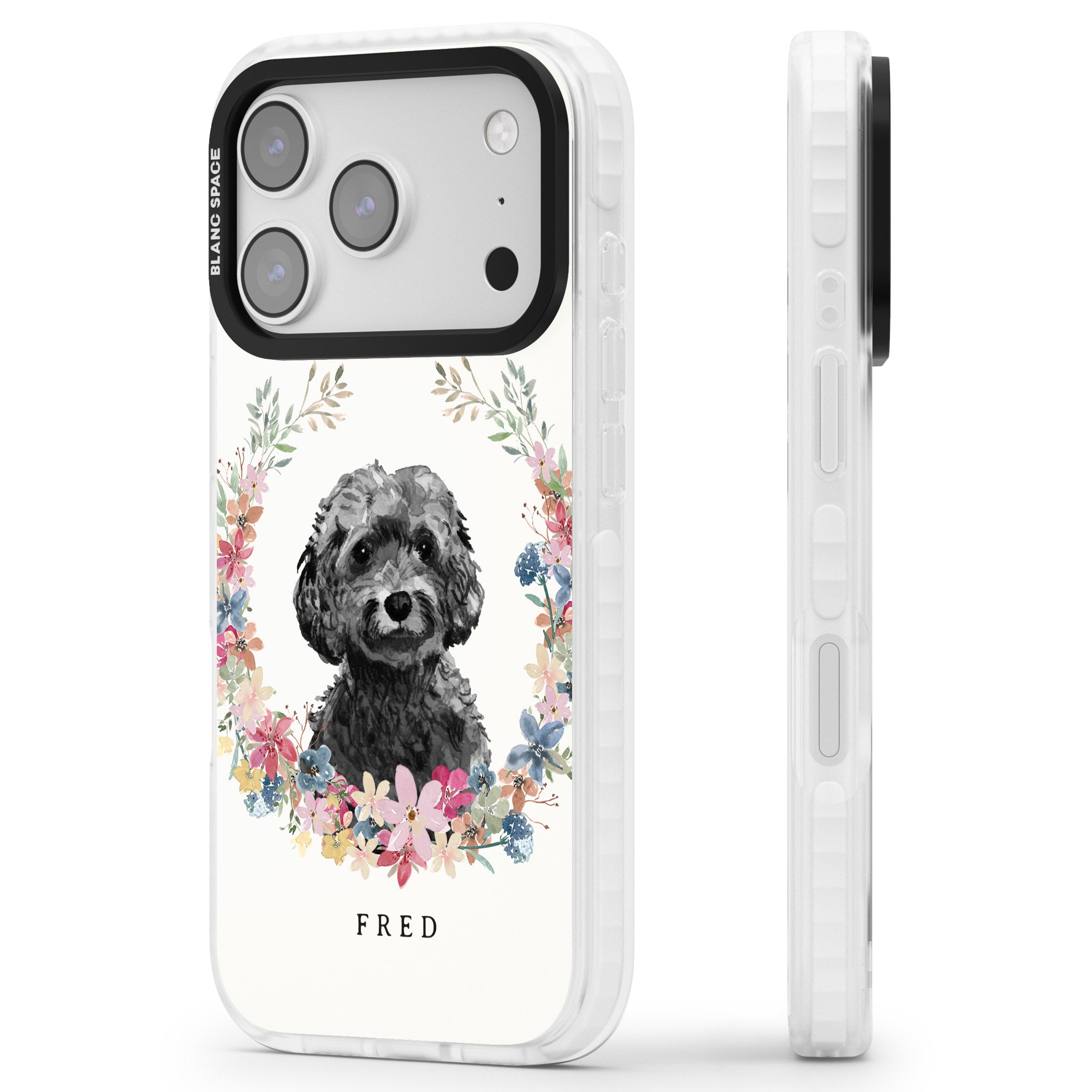 Personalised Black Cockapoo Floral Portrait iPhone 17 Pro Impact Pro Clear Phone Case Side Profile