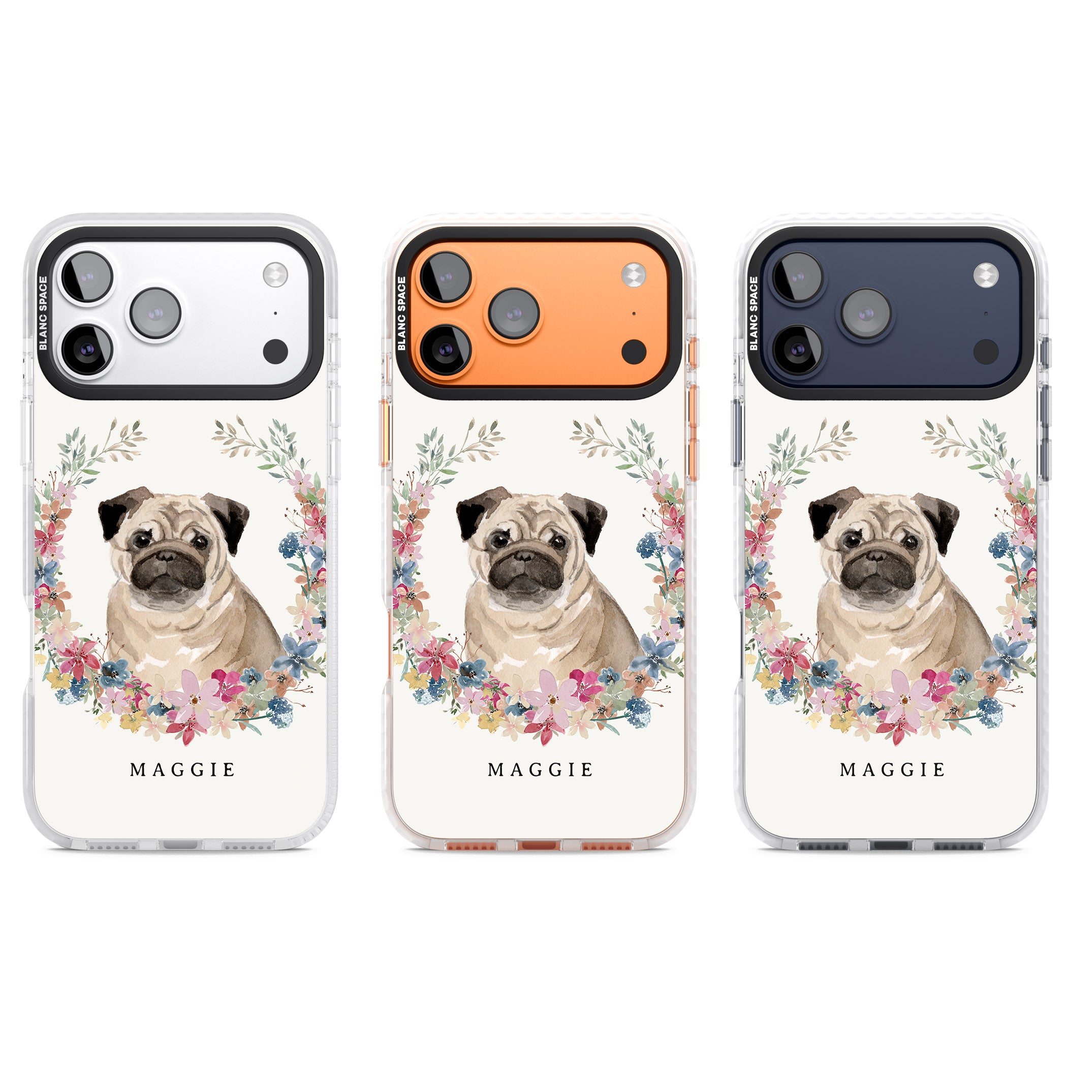 Personalised Pug Floral Portrait iPhone 17 Pro Impact Pro Clear Phone Case APT Impact Protection