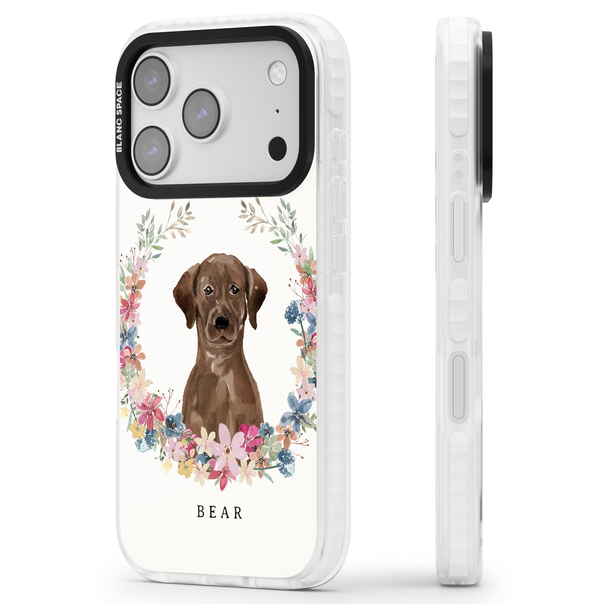 Personalised Chocolate Labrador Floral Portrait iPhone 17 Pro Impact Pro Clear Phone Case Side Profile