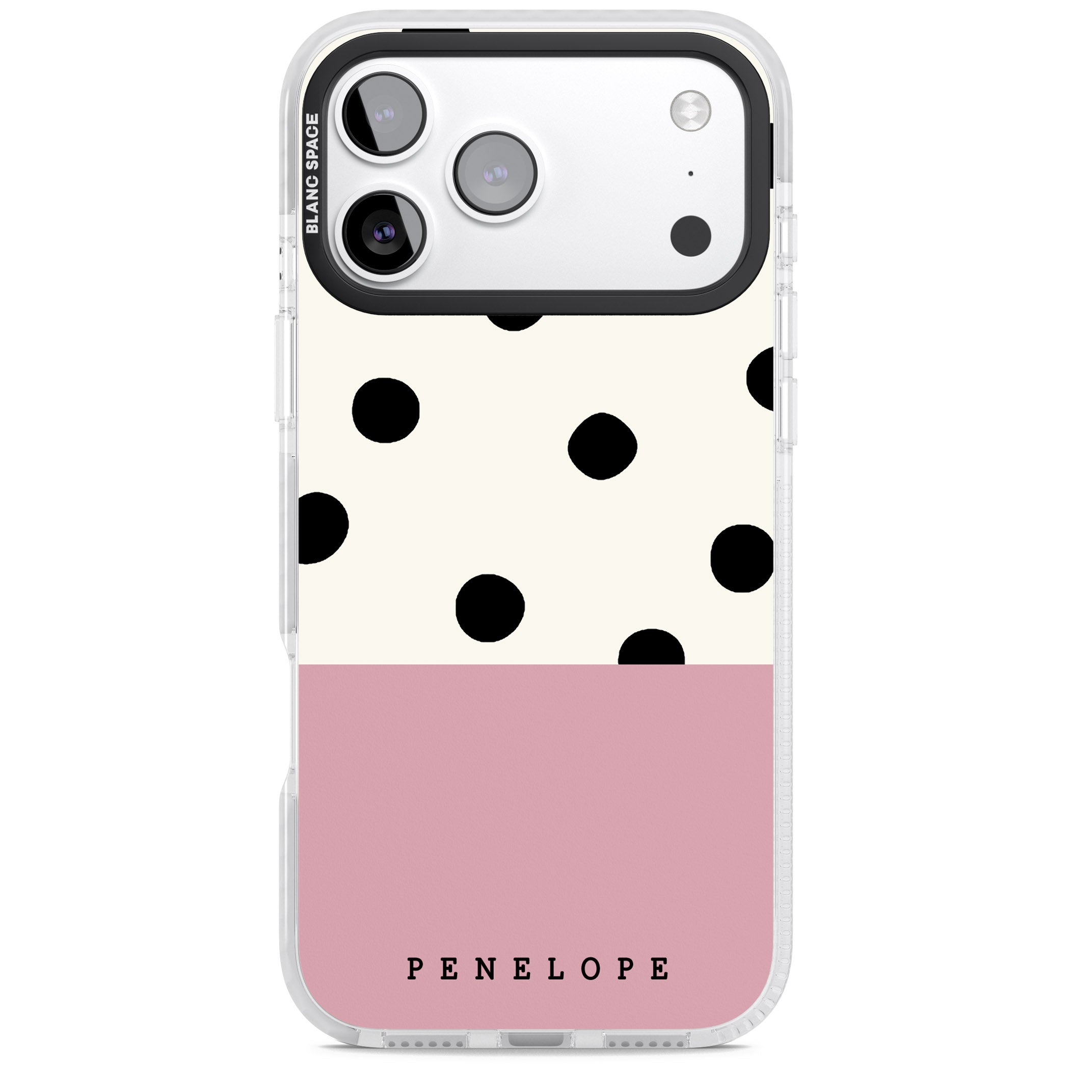 Personalised Pink Border Polka Dot iPhone 17 Pro Impact Pro Clear Phone Case