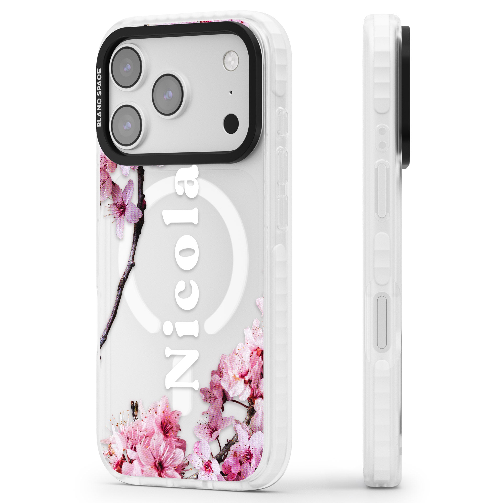 Personalised Cherry Blossom Elegance Classic iPhone 17 Pro Impact Pro Clear Phone Case Side Profile