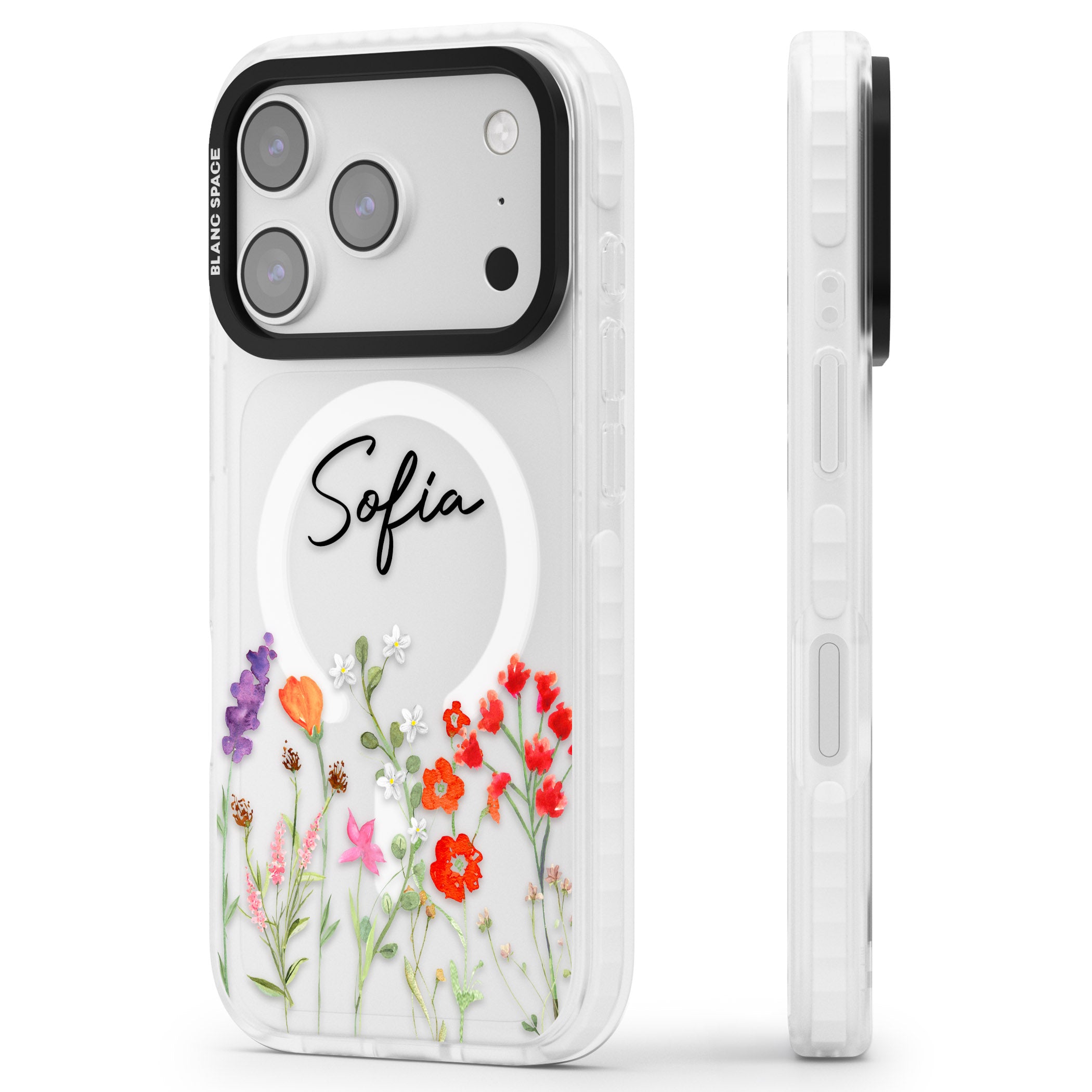 Personalised Spring Wildflowers iPhone 17 Pro Impact Pro Clear Phone Case Side Profile