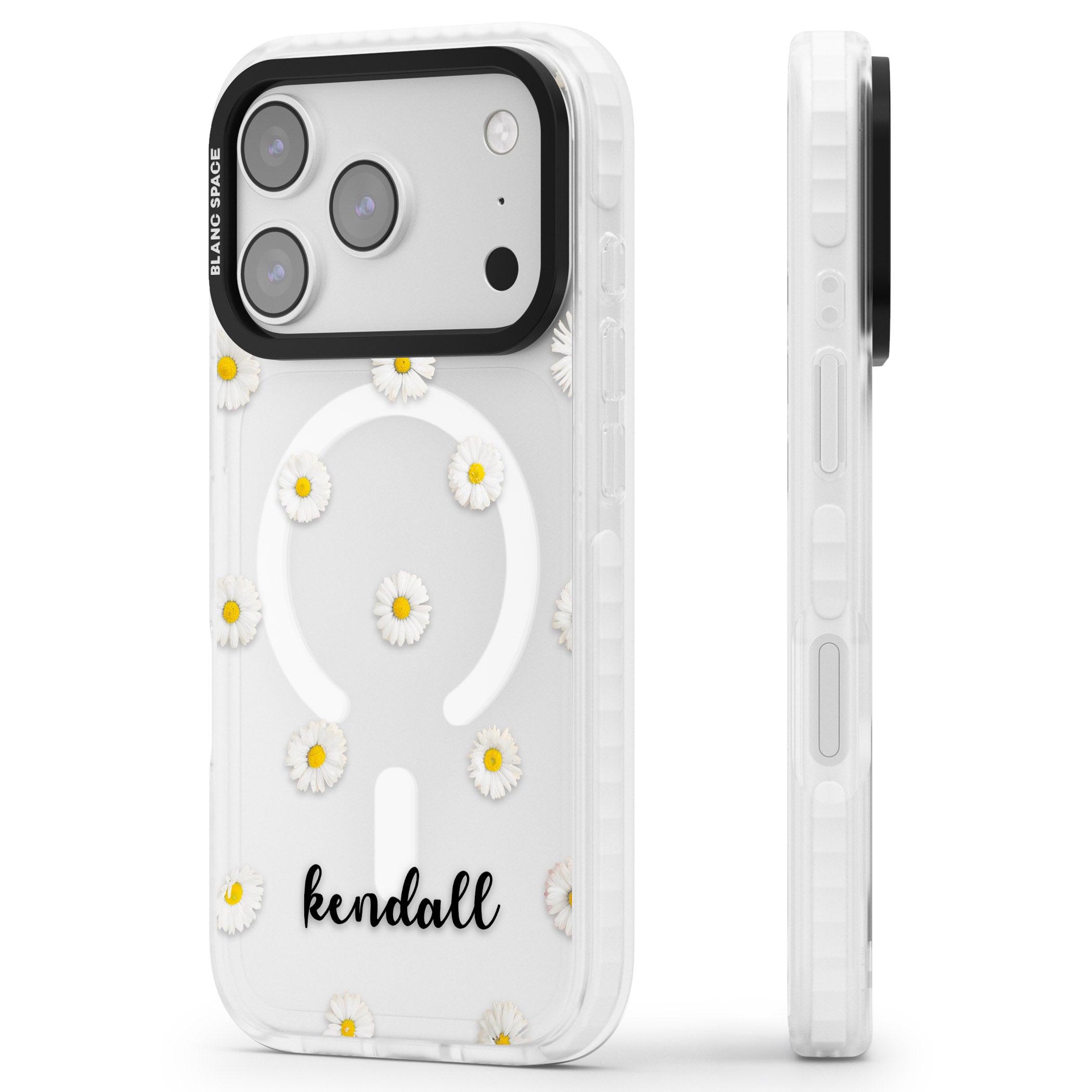 Personalised White Daisies & Cursive iPhone 17 Pro Impact Pro Clear Phone Case Side Profile