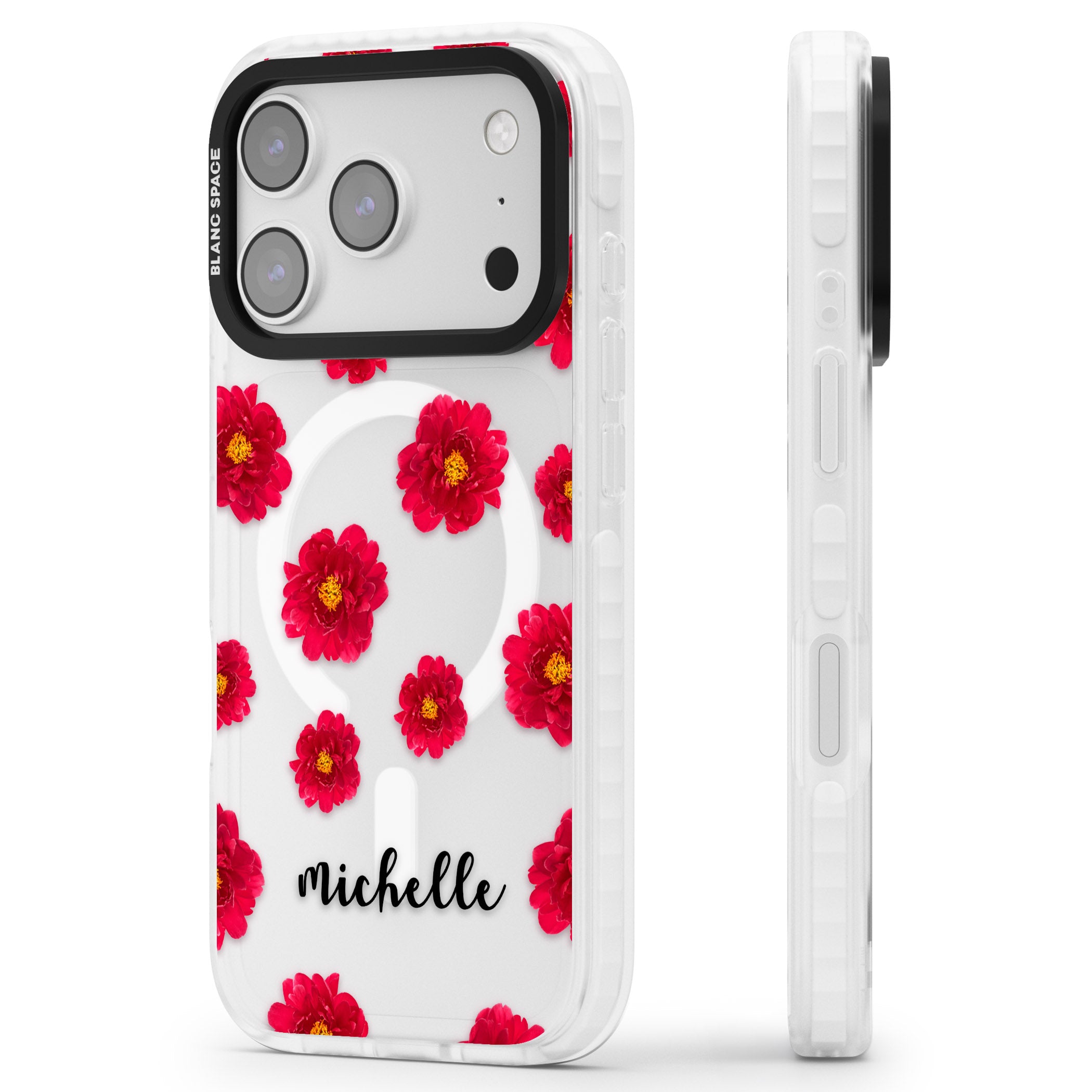 Personalised Red Peonies & Cursive iPhone 17 Pro Impact Pro Clear Phone Case Side Profile
