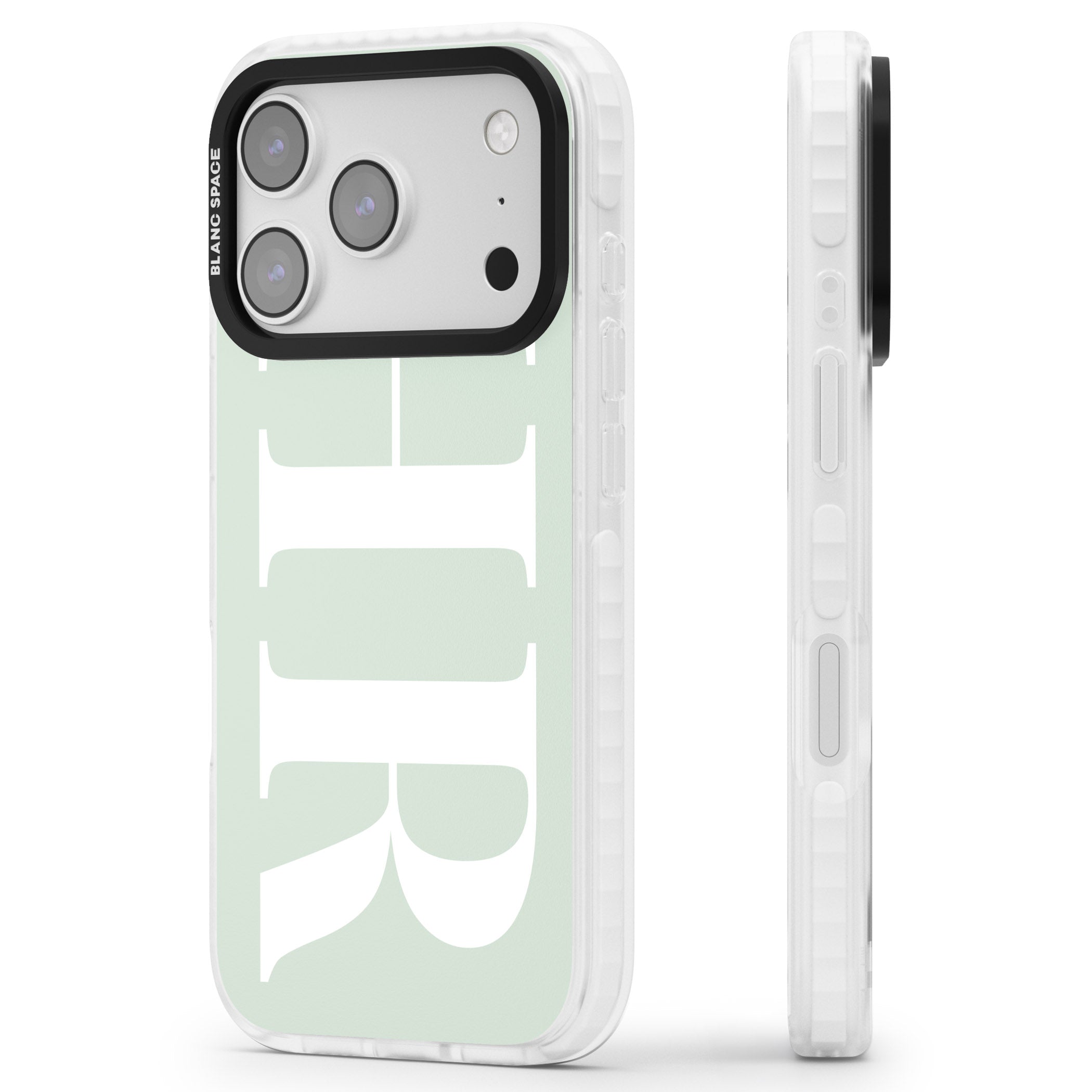 Personalised White & Seafoam Green Letters iPhone 17 Pro Impact Pro Clear Phone Case Side Profile