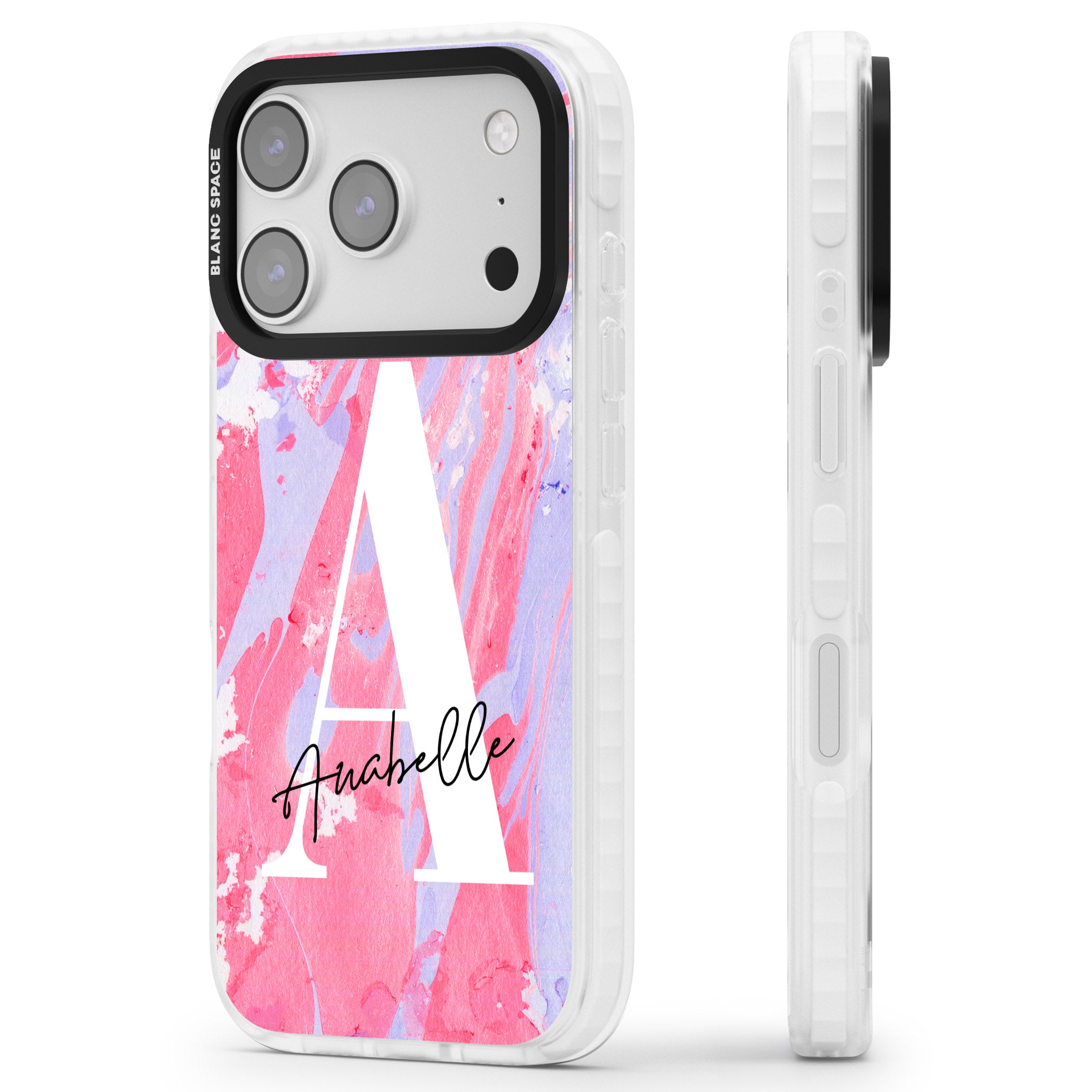 Personalised Pink & Purple Marble iPhone 17 Pro Impact Pro Clear Phone Case Side Profile