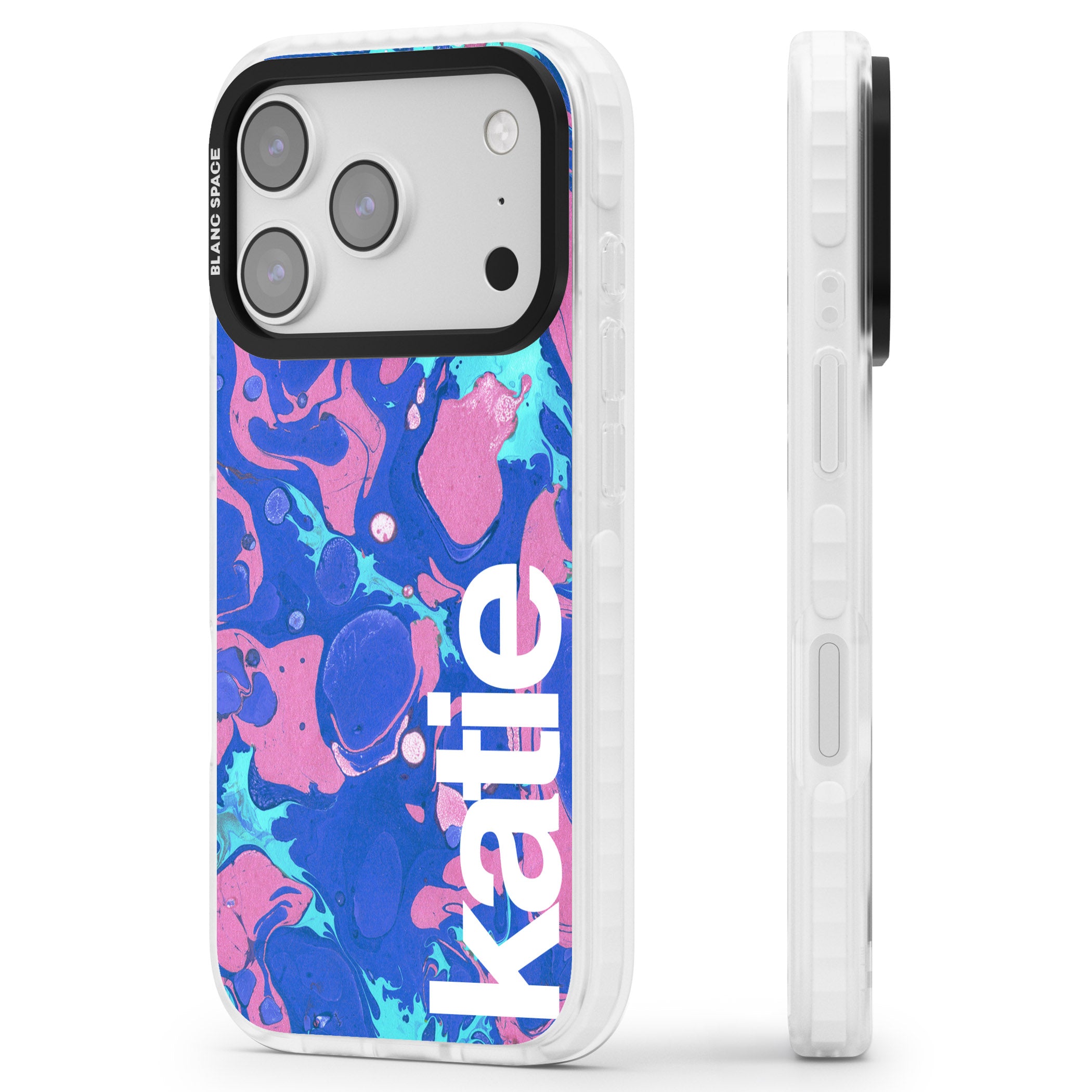 Personalised Navy & Turquoise Marbled iPhone 17 Pro Impact Pro Clear Phone Case Side Profile