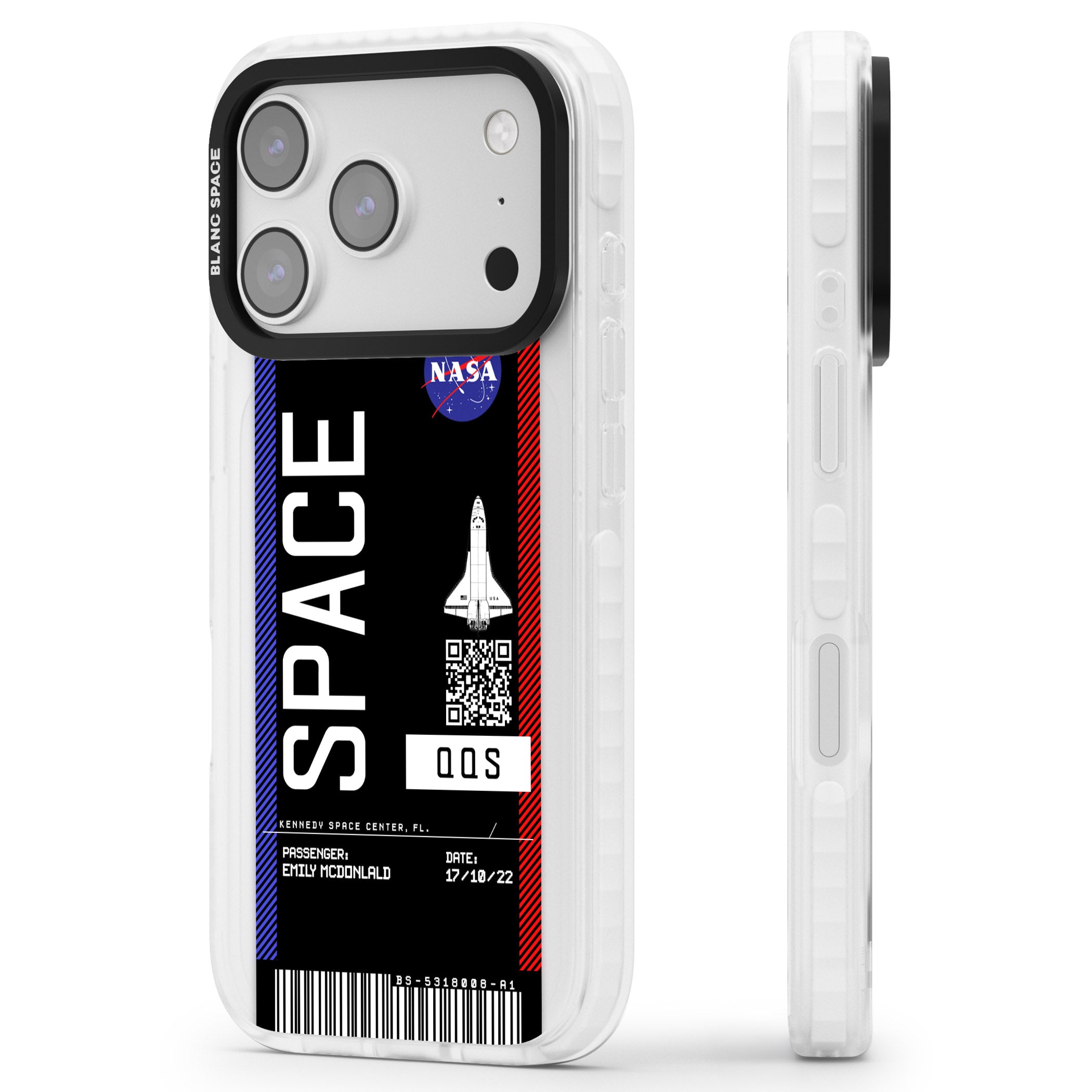 Personalised Nasa Boarding Pass (Dark) iPhone 17 Pro Impact Pro Clear Phone Case Side Profile