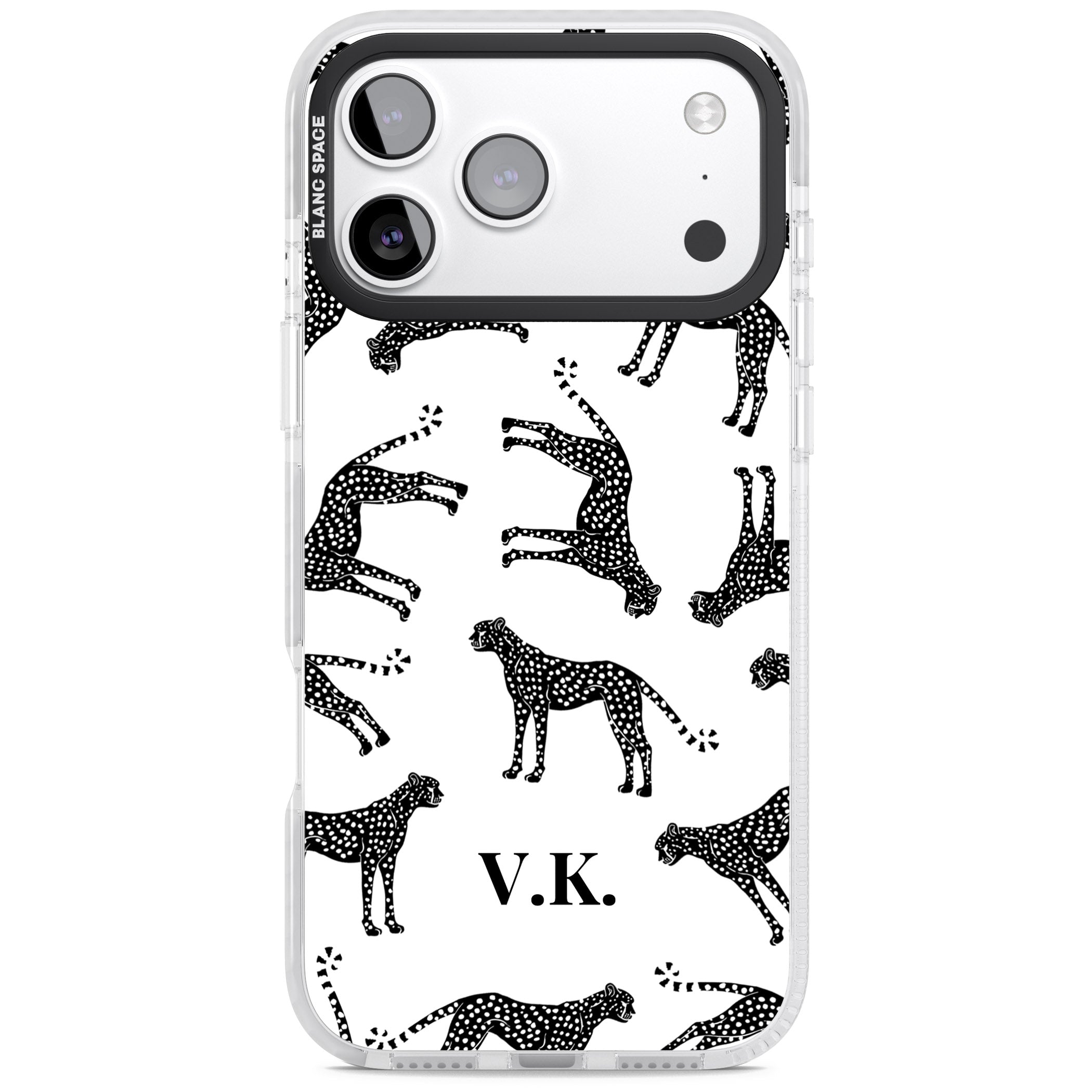 Personalised Black & White Cheetah Pattern iPhone 17 Pro Impact Pro Clear Phone Case