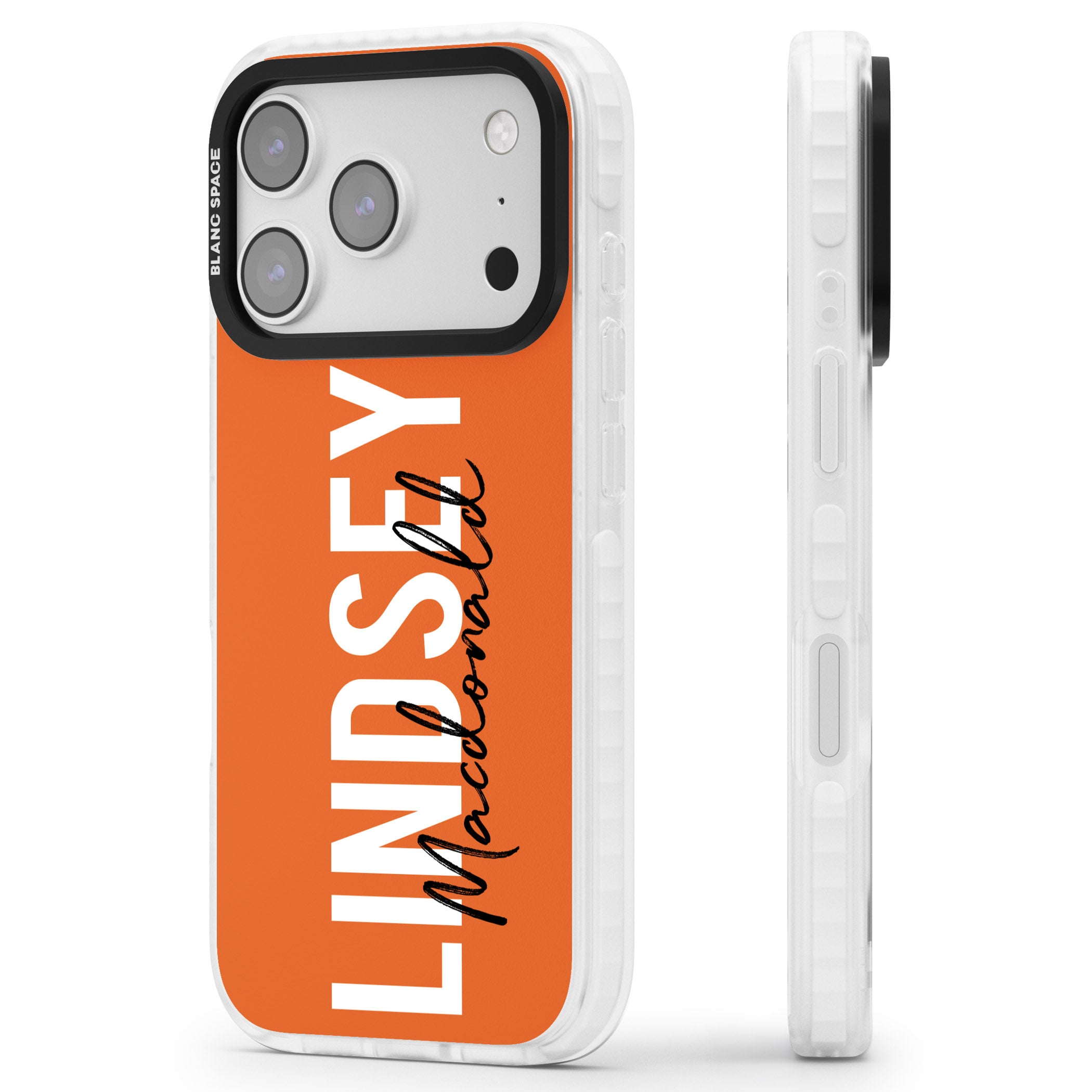 Personalised Bold Name: Orange iPhone 17 Pro Impact Pro Clear Phone Case Side Profile