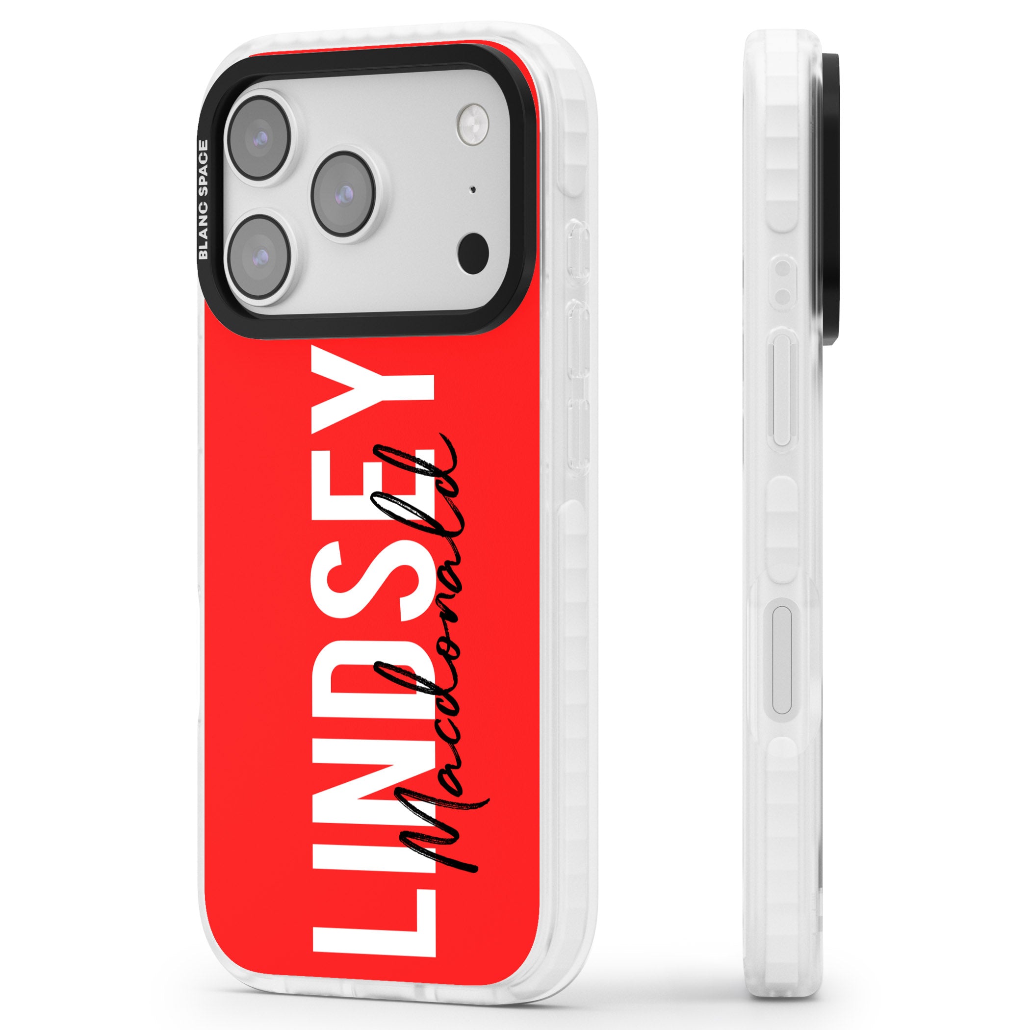 Personalised Bold Name: Red iPhone 17 Pro Impact Pro Clear Phone Case Side Profile