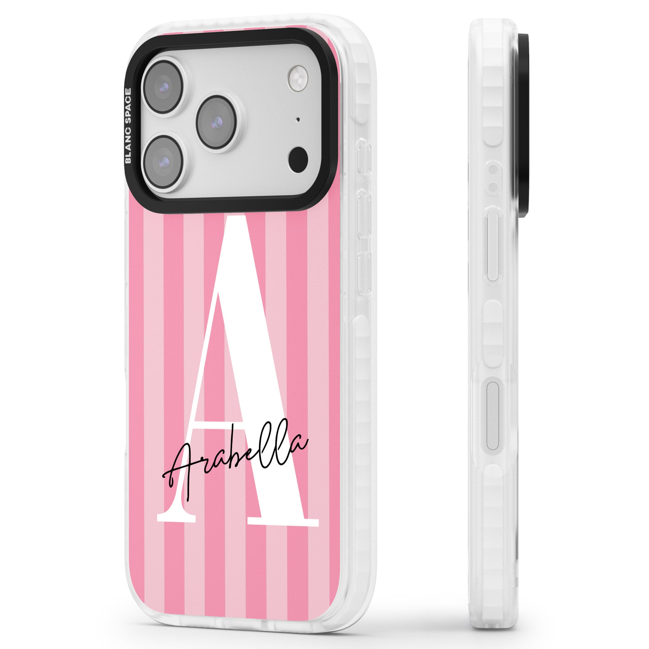 Personalised Pink Stripes Initial iPhone 17 Pro Impact Pro Clear Phone Case Side Profile