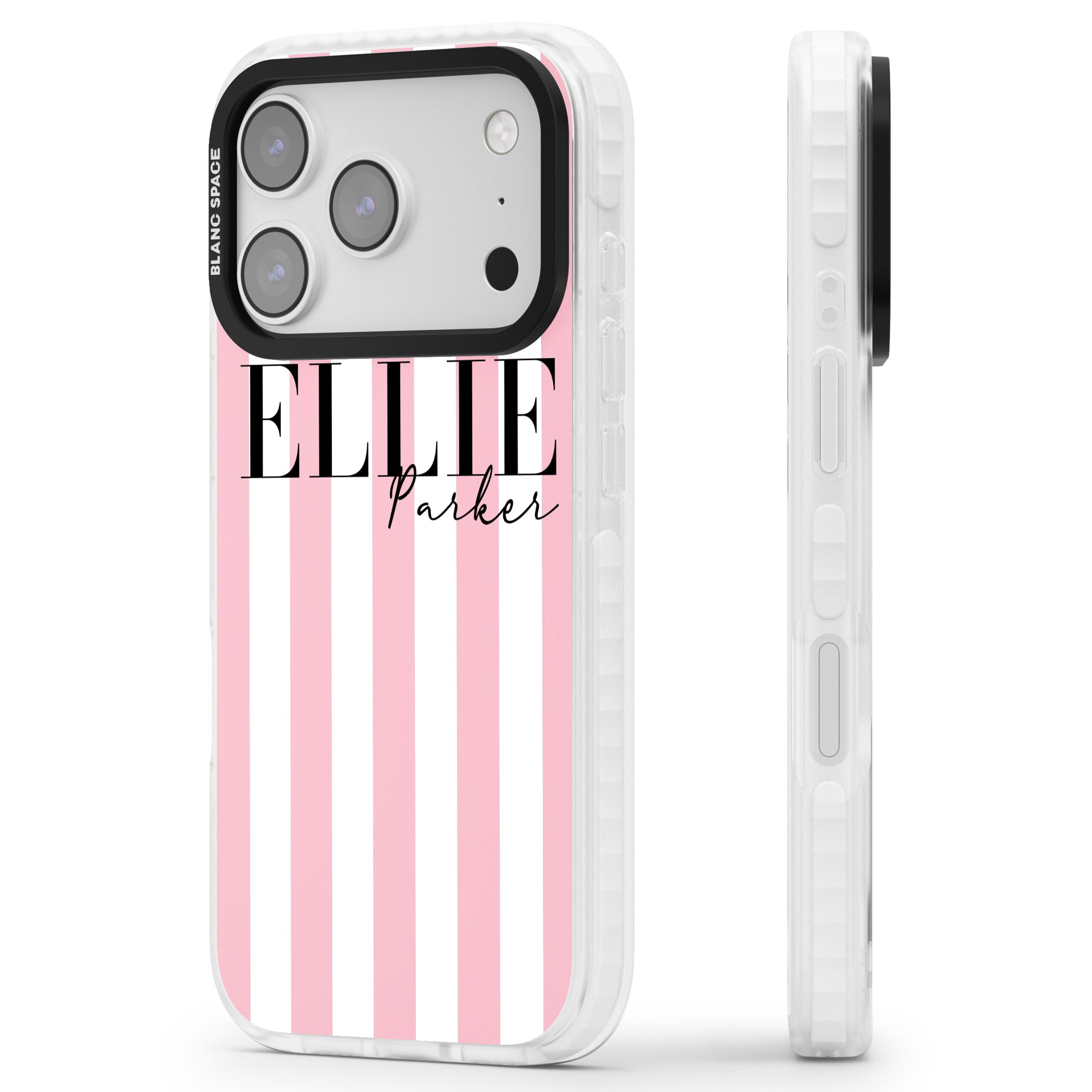 Personalised Pink Stripes iPhone 17 Pro Impact Pro Clear Phone Case Side Profile