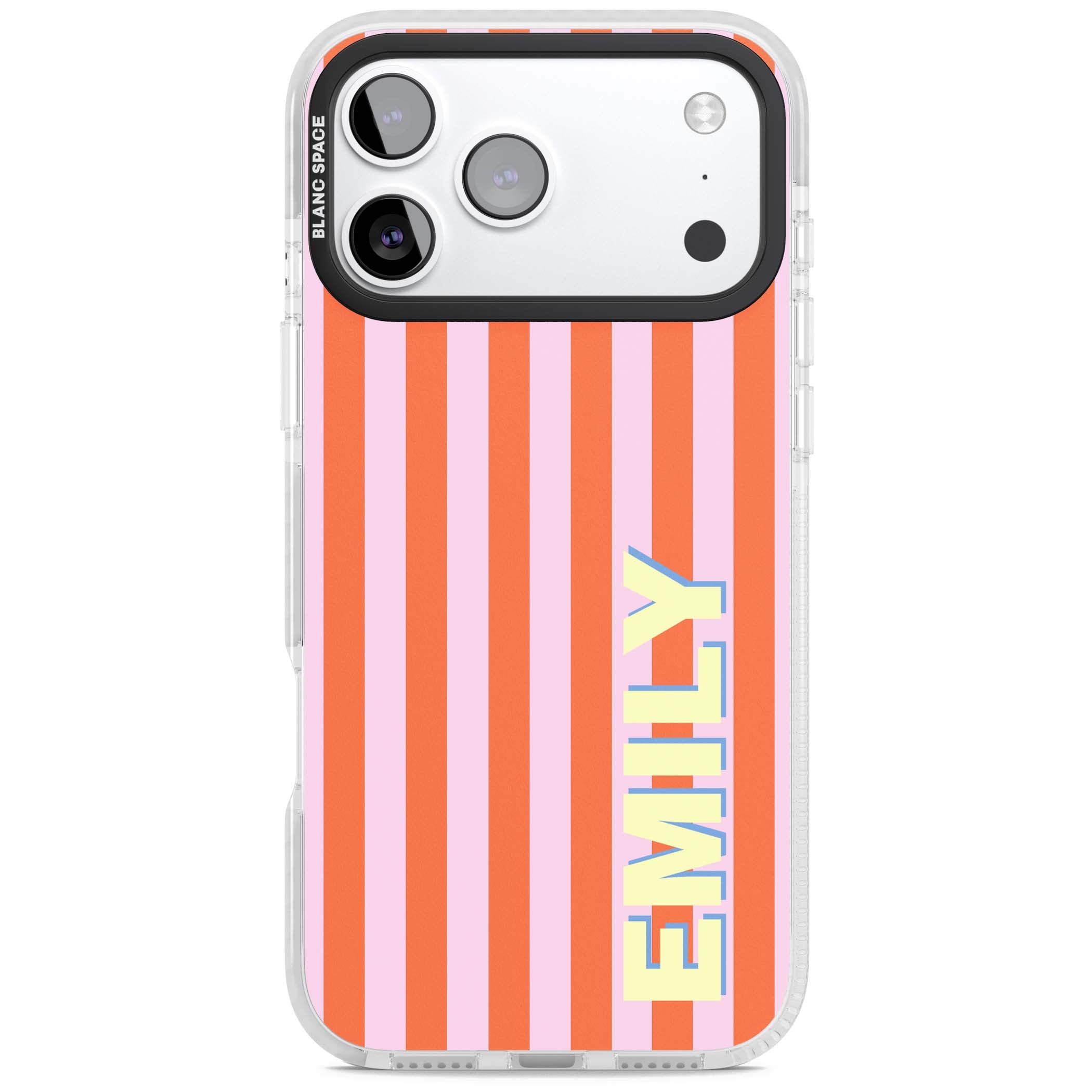 Havana Stripe personalised iPhone case featuring pink and orange vertical stripes with a custom yellow name | Impact Magsafe case for iPhone 17 Pro, iPhone 17 Pro Max