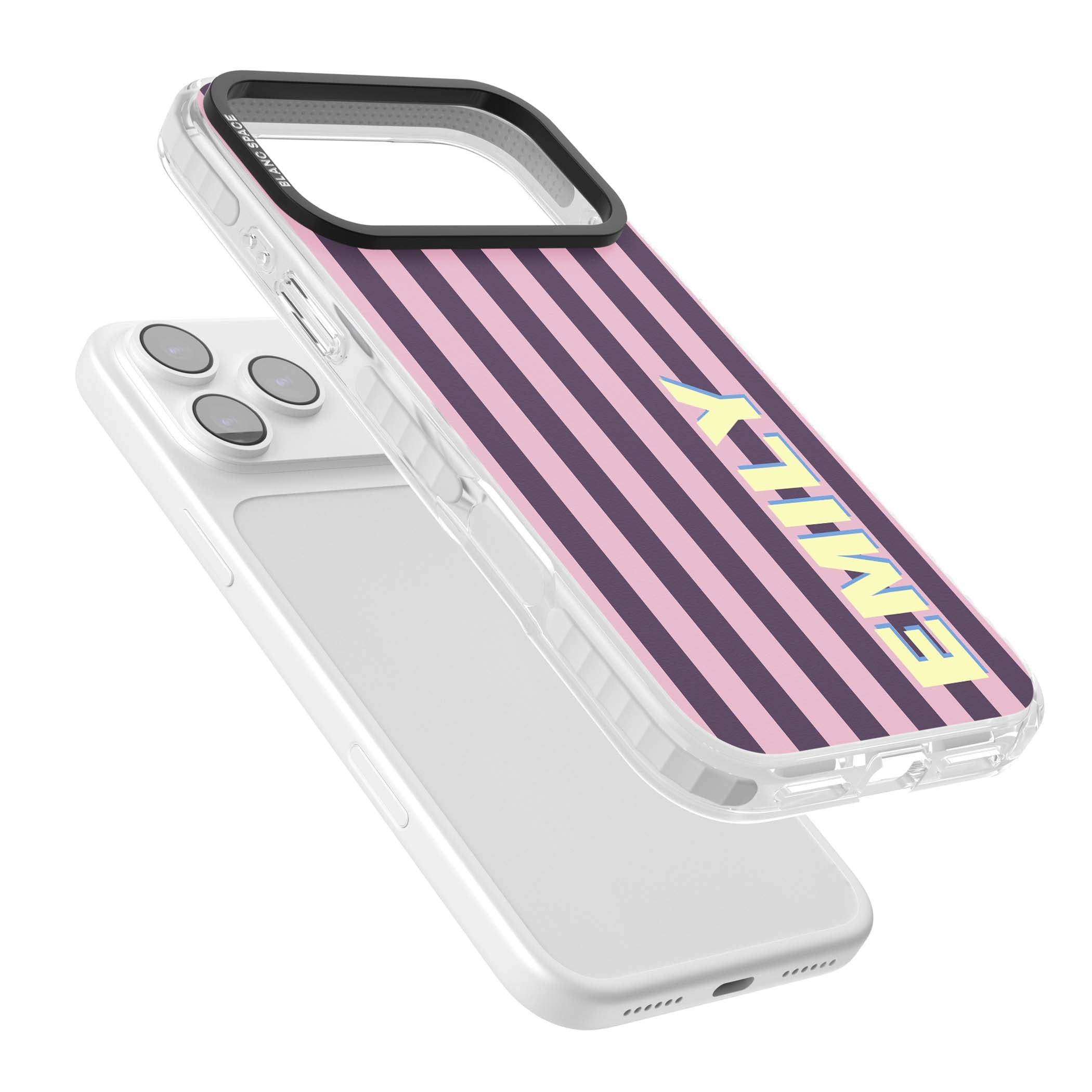 Tyre Stripe personalised stripe iPhone case with plum and pink vertical stripes and custom yellow name | Impact Magsafe case for iPhone 17 Pro, iPhone 17 Pro Max