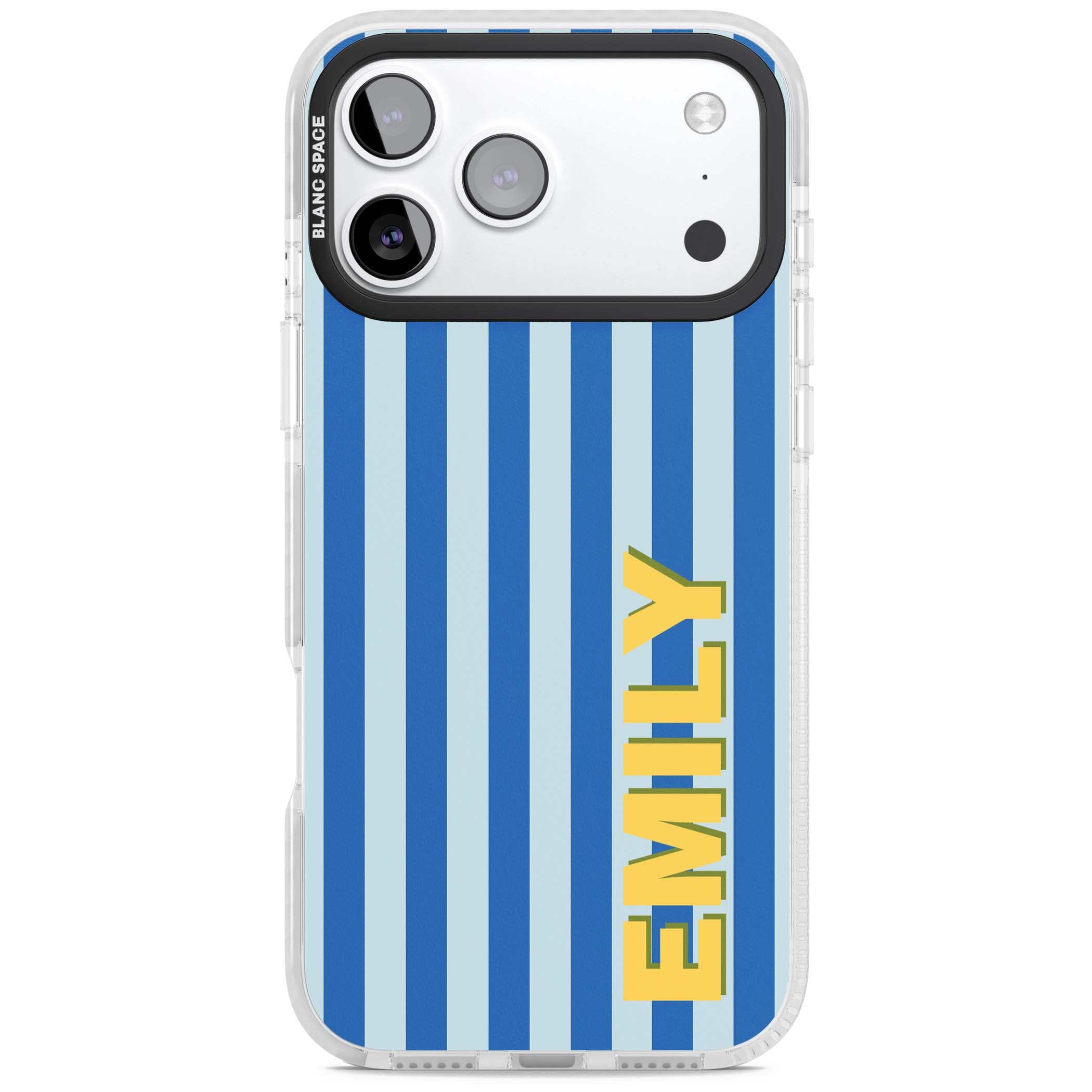 Athenian Stripe personalised preppy iPhone case featuring blue vertical stripes and a custom yellow name | Impact Magsafe case for iPhone 17 Pro, iPhone 17 Pro Max