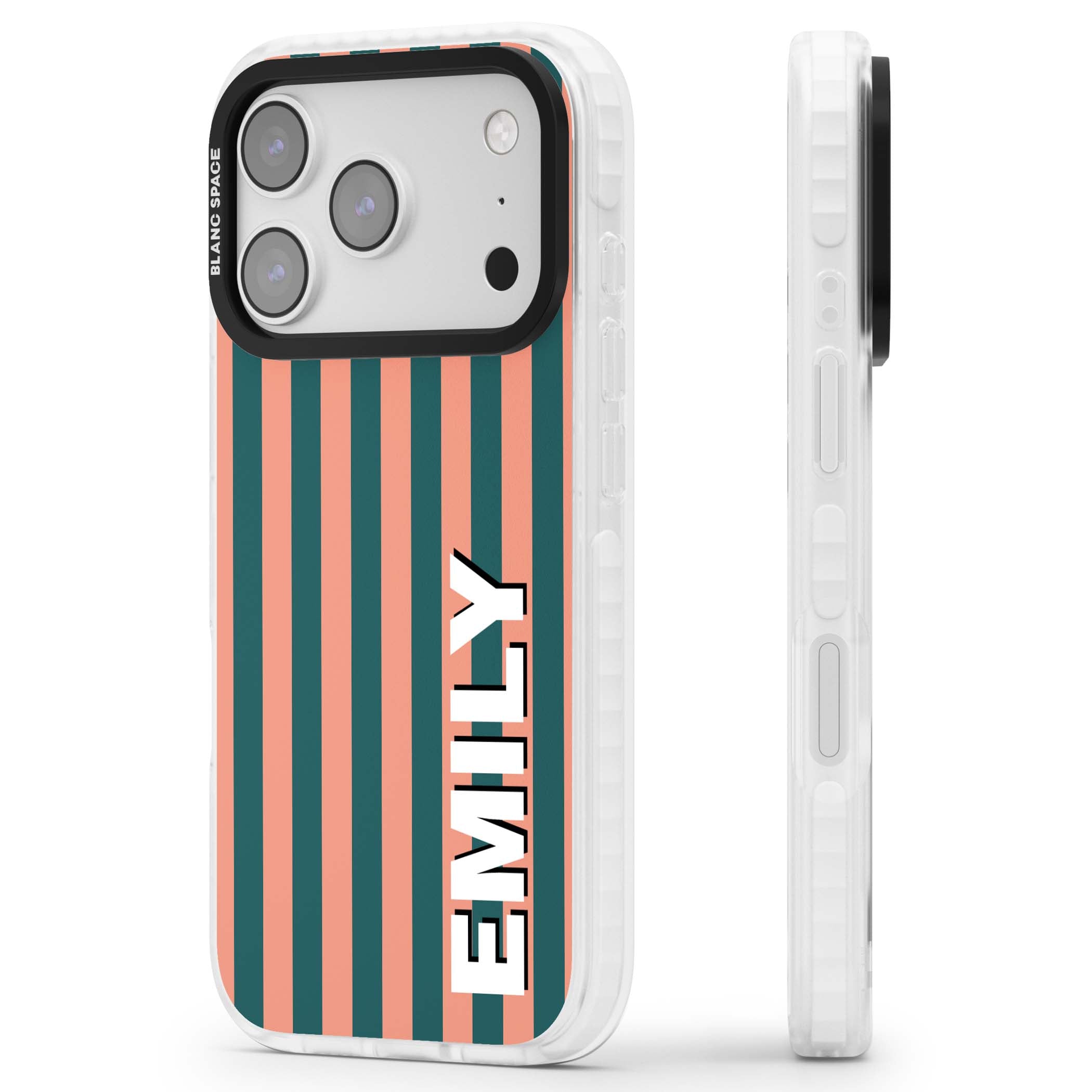 Tuscan Stripe personalised iPhone case featuring coral and green vertical stripes with bold custom name | Impact Magsafe case for iPhone 17 Pro, iPhone 17 Pro Max