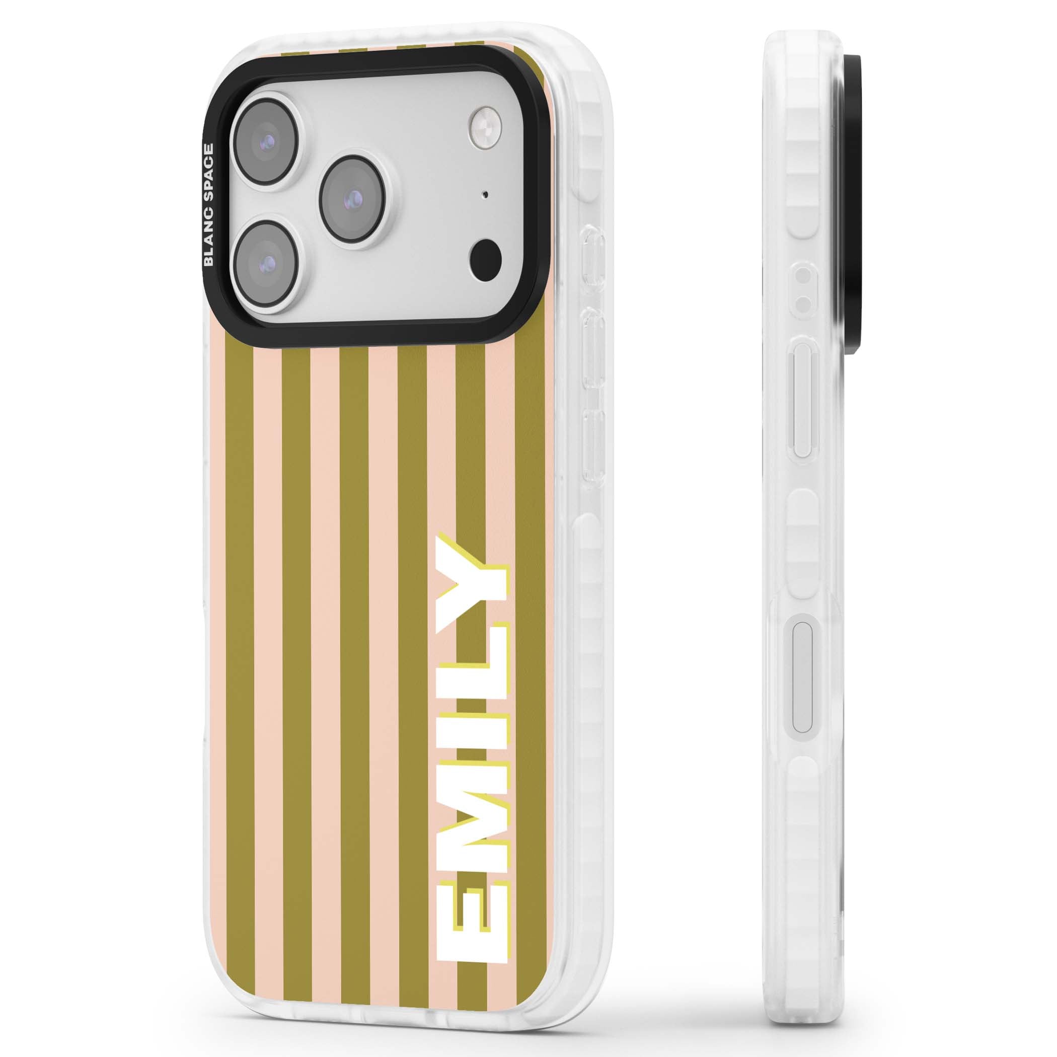 Indian Stripe personalised iPhone case featuring olive green and blush pink vertical stripes with custom name in whit | Impact Magsafe case for iPhone 17 Pro, iPhone 17 Pro Max