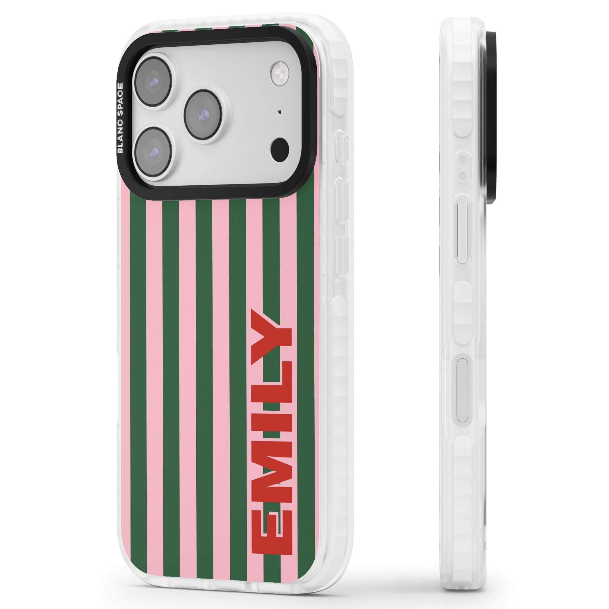 Italian Stripe preppy iPhone case featuring pink and green vertical stripes with personalised red name | Impact Magsafe case for iPhone 17 Pro, iPhone 17 Pro Max