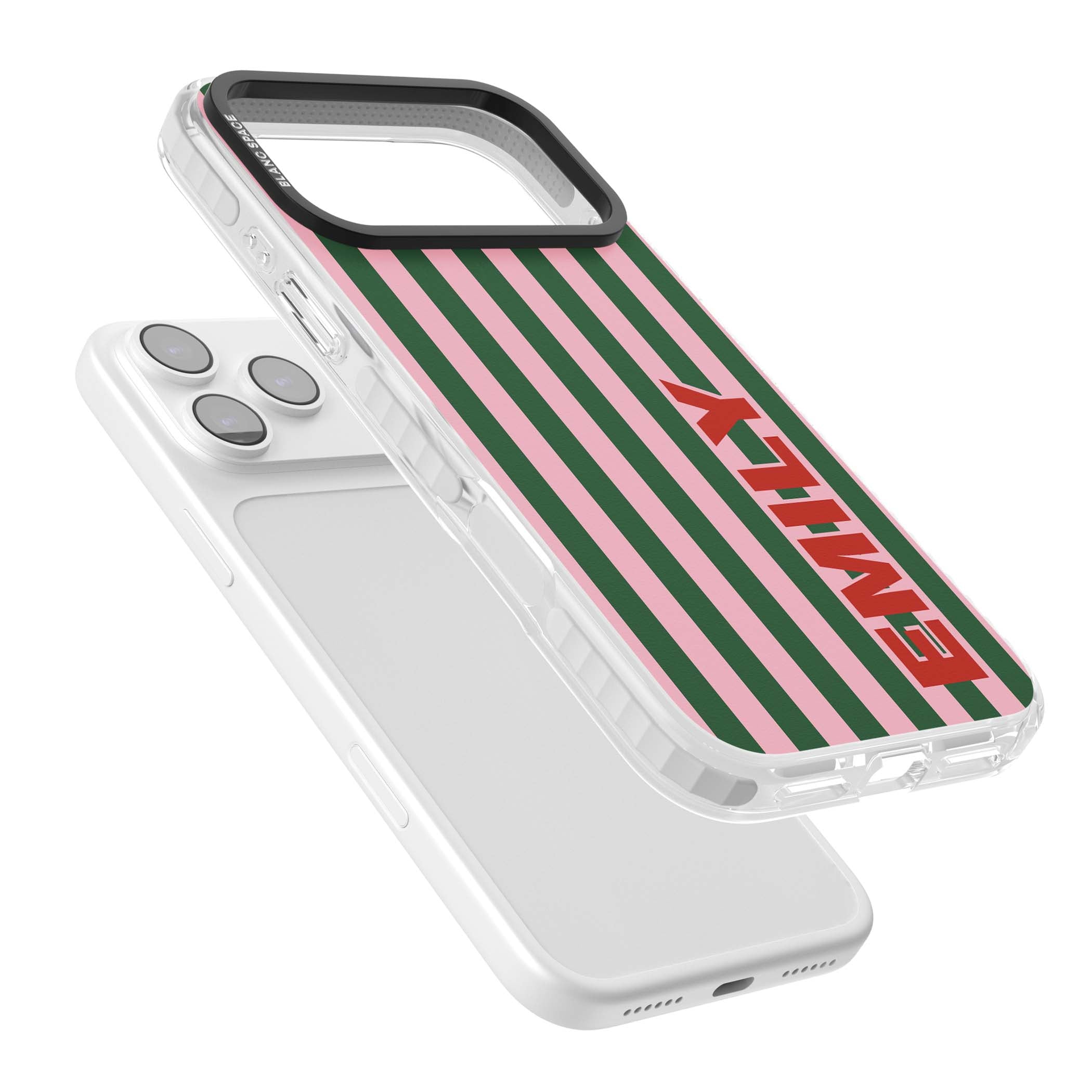 Italian Stripe preppy iPhone case featuring pink and green vertical stripes with personalised red name | Impact Magsafe case for iPhone 17 Pro, iPhone 17 Pro Max