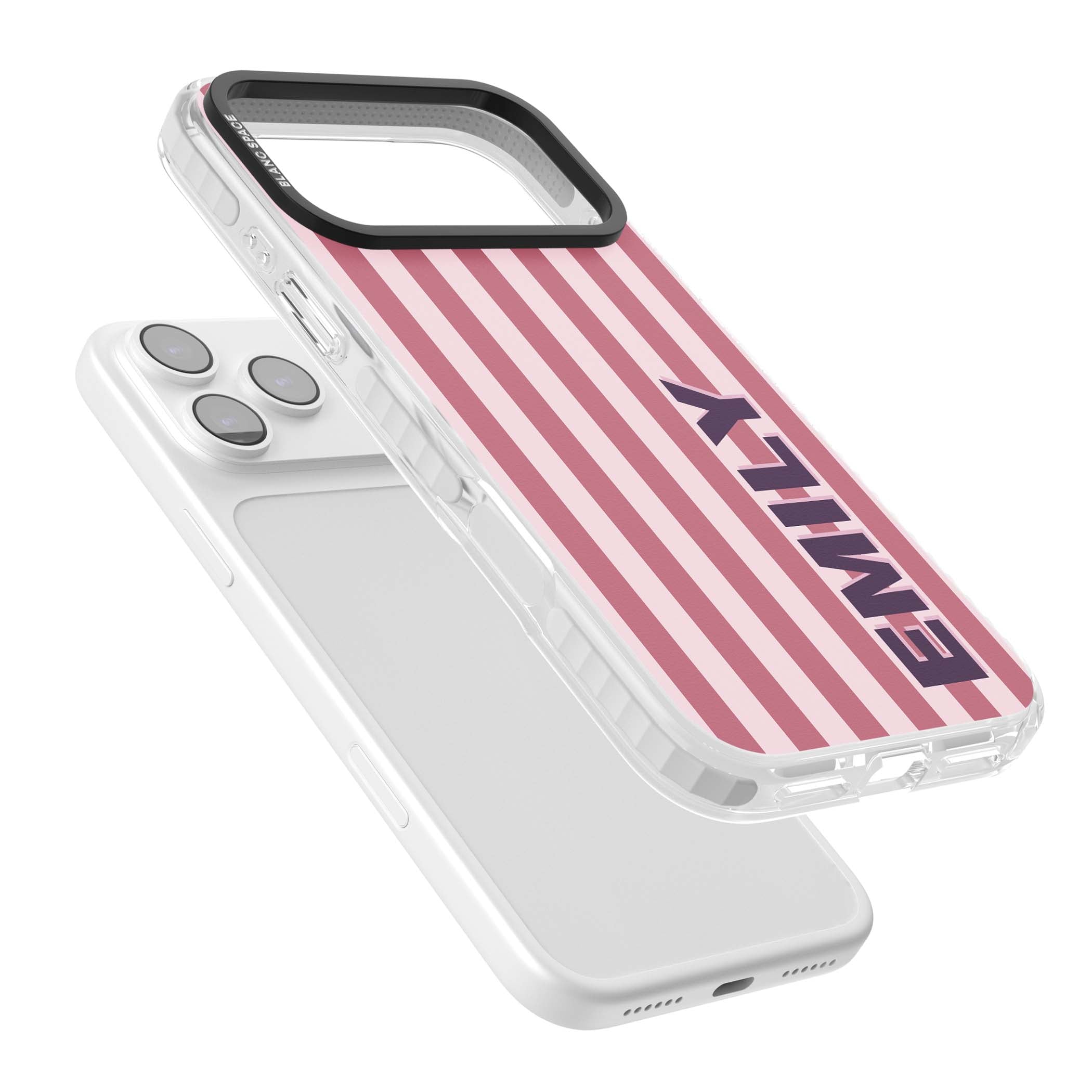 Victoria Stripe personalised iPhone case featuring pink vertical stripes and custom name in bold plum lettering | Impact Magsafe case for iPhone 17 Pro, iPhone 17 Pro Max