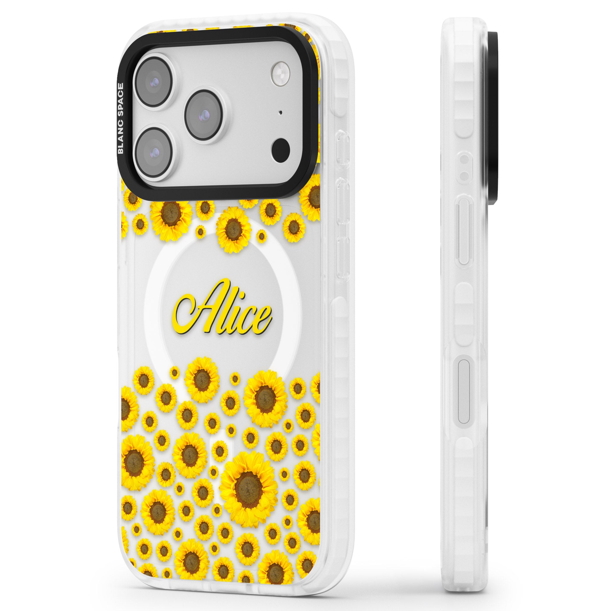 Personalised Sunflowers iPhone 17 Pro Impact Pro Clear Phone Case Side Profile