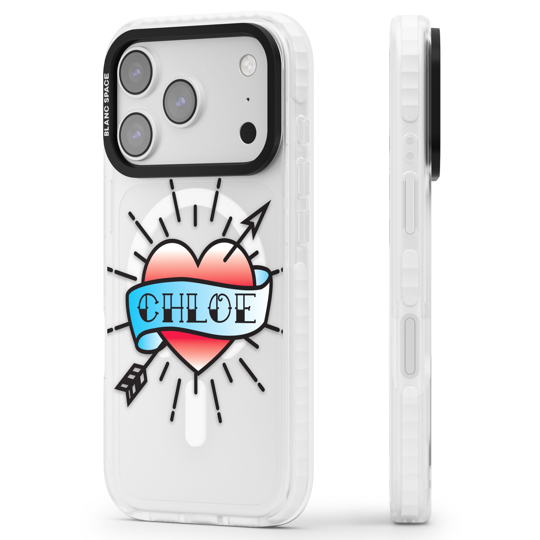 Personalised Heart Tattoo iPhone 17 Pro Impact Pro Clear Phone Case Side Profile