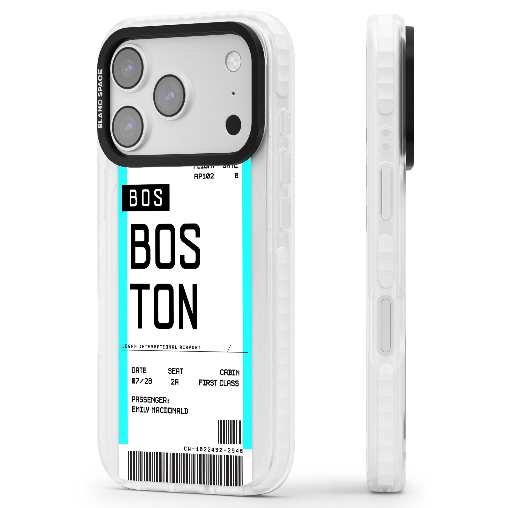 Personalised Boston Boarding Pass iPhone 17 Pro Impact Pro Clear Phone Case Side Profile
