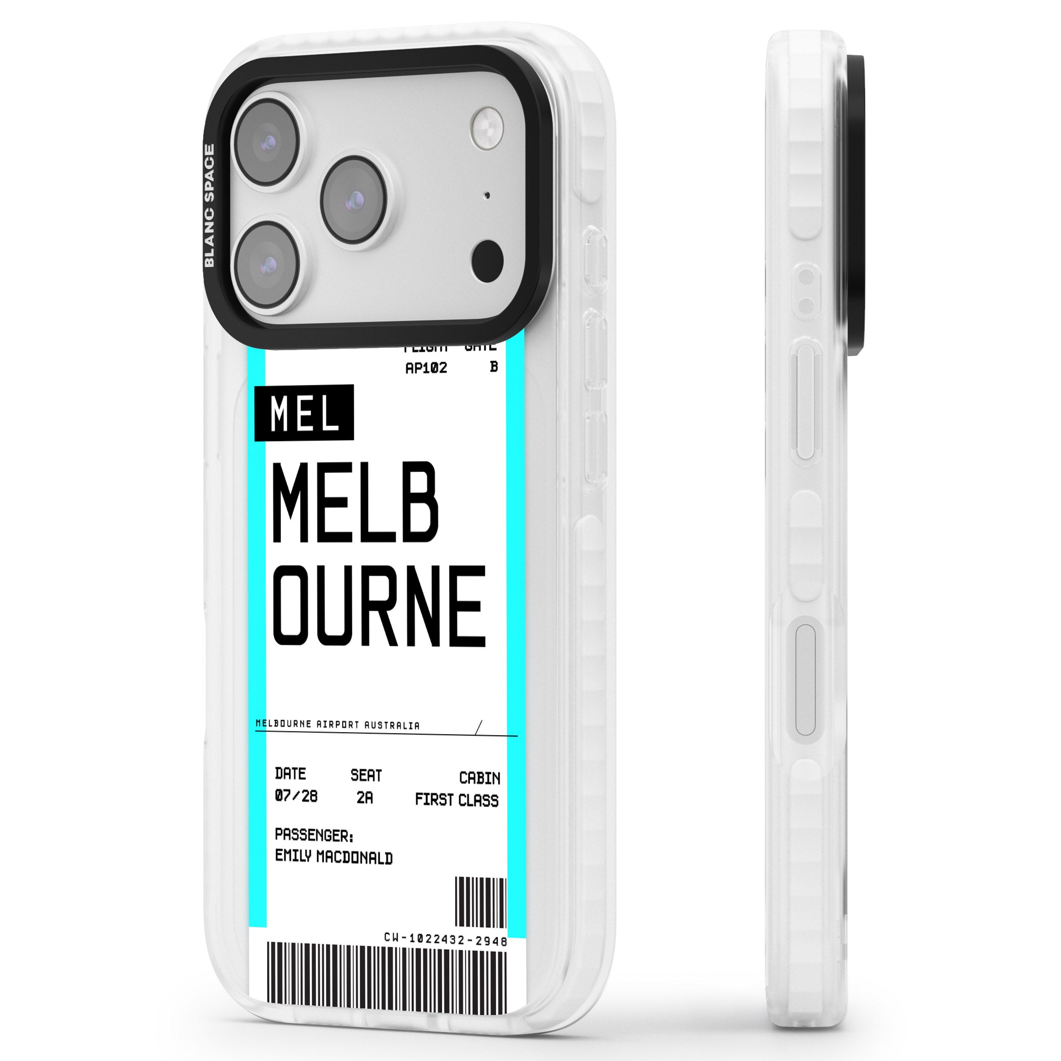 Personalised Melbourne Boarding Pass iPhone 17 Pro Impact Pro Clear Phone Case Side Profile