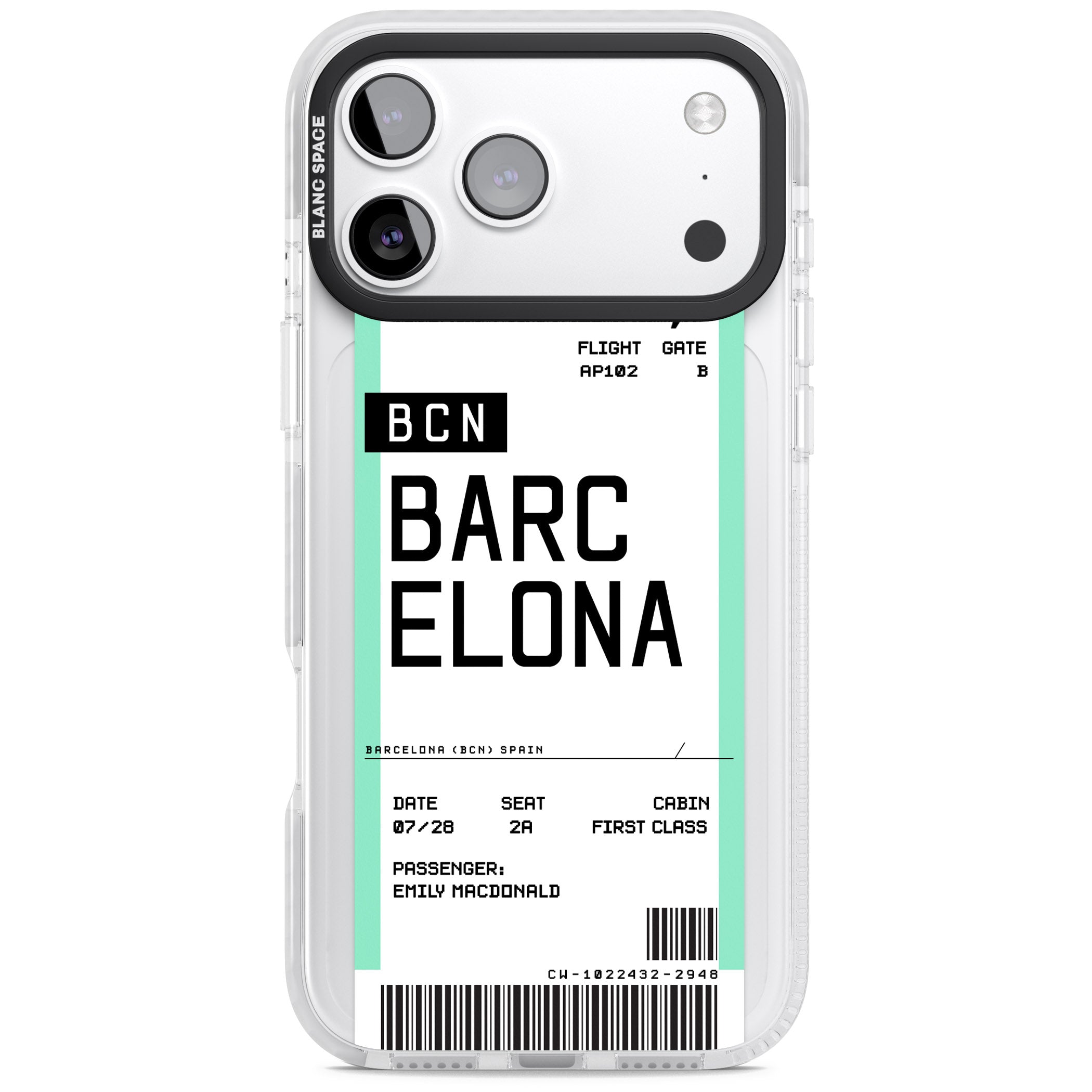 Personalised Barcelona Boarding Pass iPhone 17 Pro Impact Pro Clear Phone Case