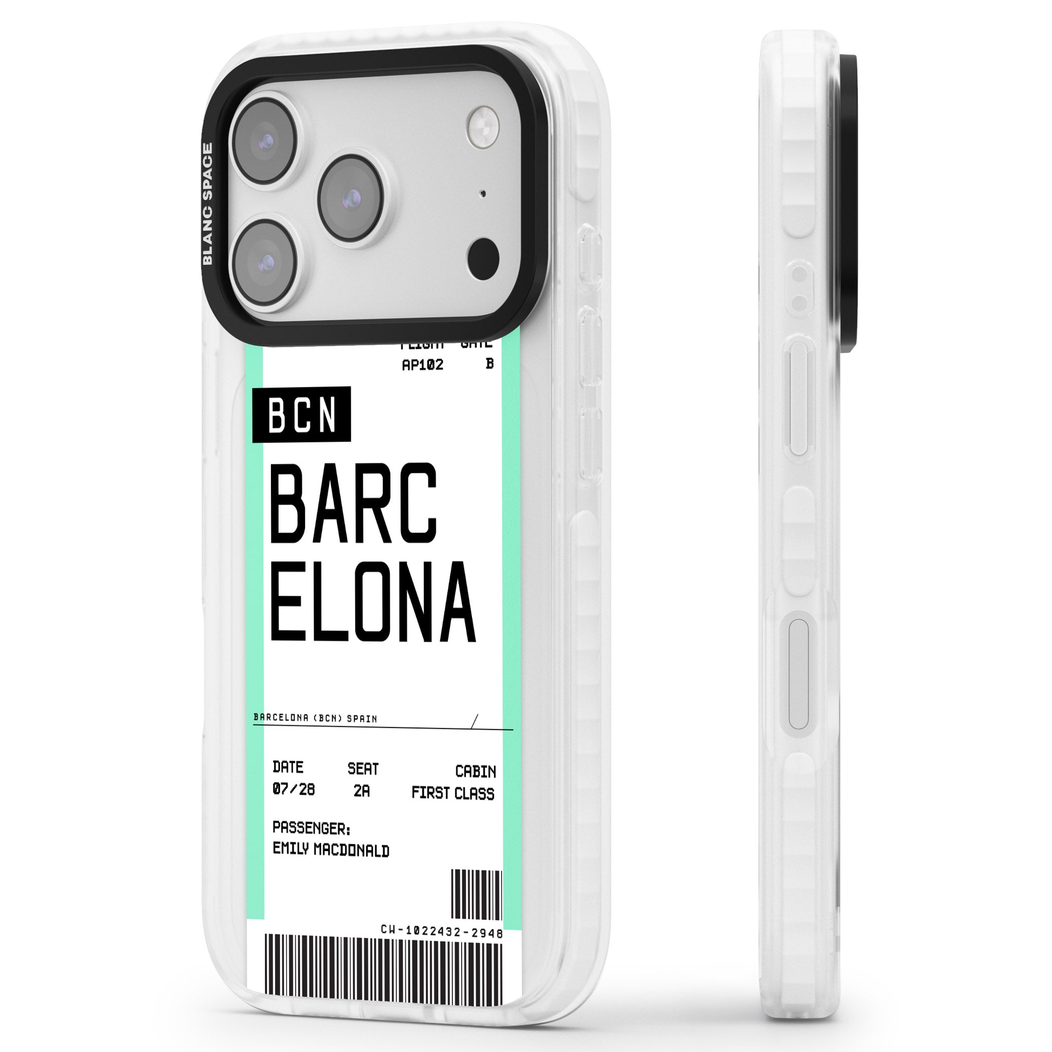 Personalised Barcelona Boarding Pass iPhone 17 Pro Impact Pro Clear Phone Case Side Profile