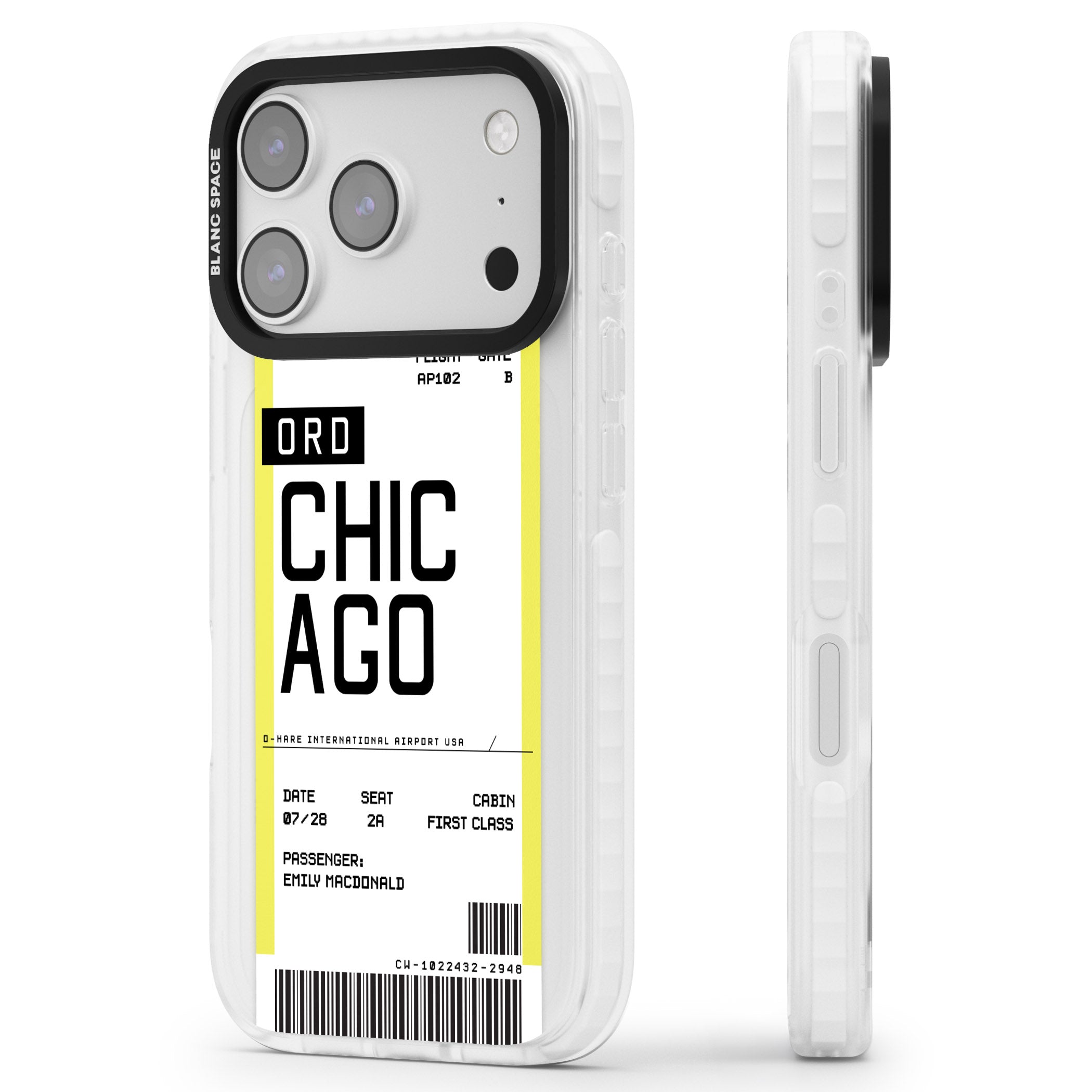 Personalised Chicago Boarding Pass iPhone 17 Pro Impact Pro Clear Phone Case Side Profile