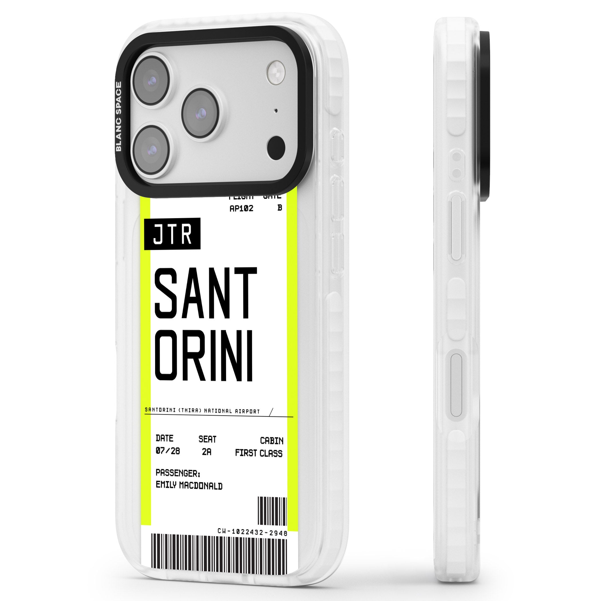 Personalised Santorini Boarding Pass iPhone 17 Pro Impact Pro Clear Phone Case Side Profile