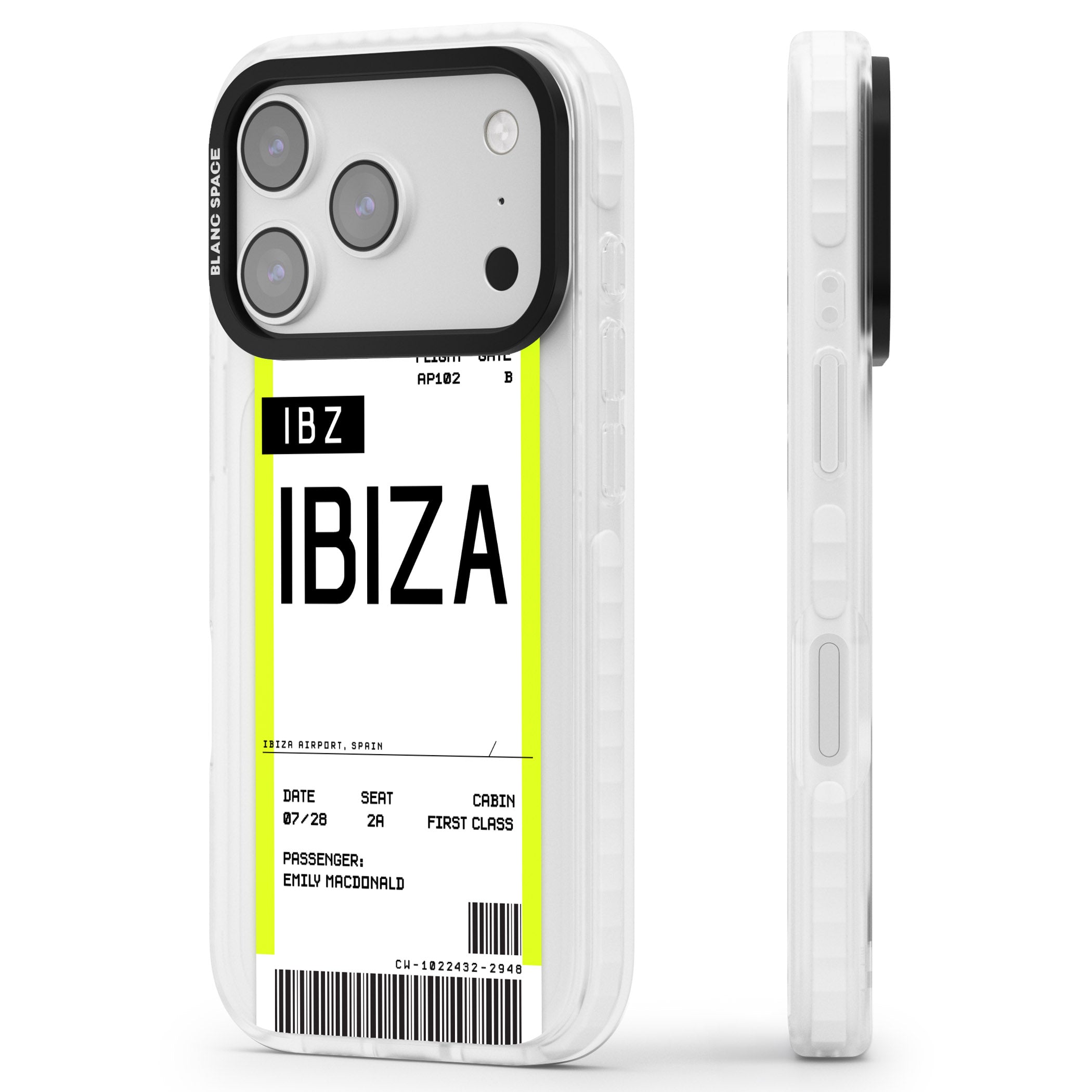 Personalised Ibiza Boarding Pass iPhone 17 Pro Impact Pro Clear Phone Case Side Profile