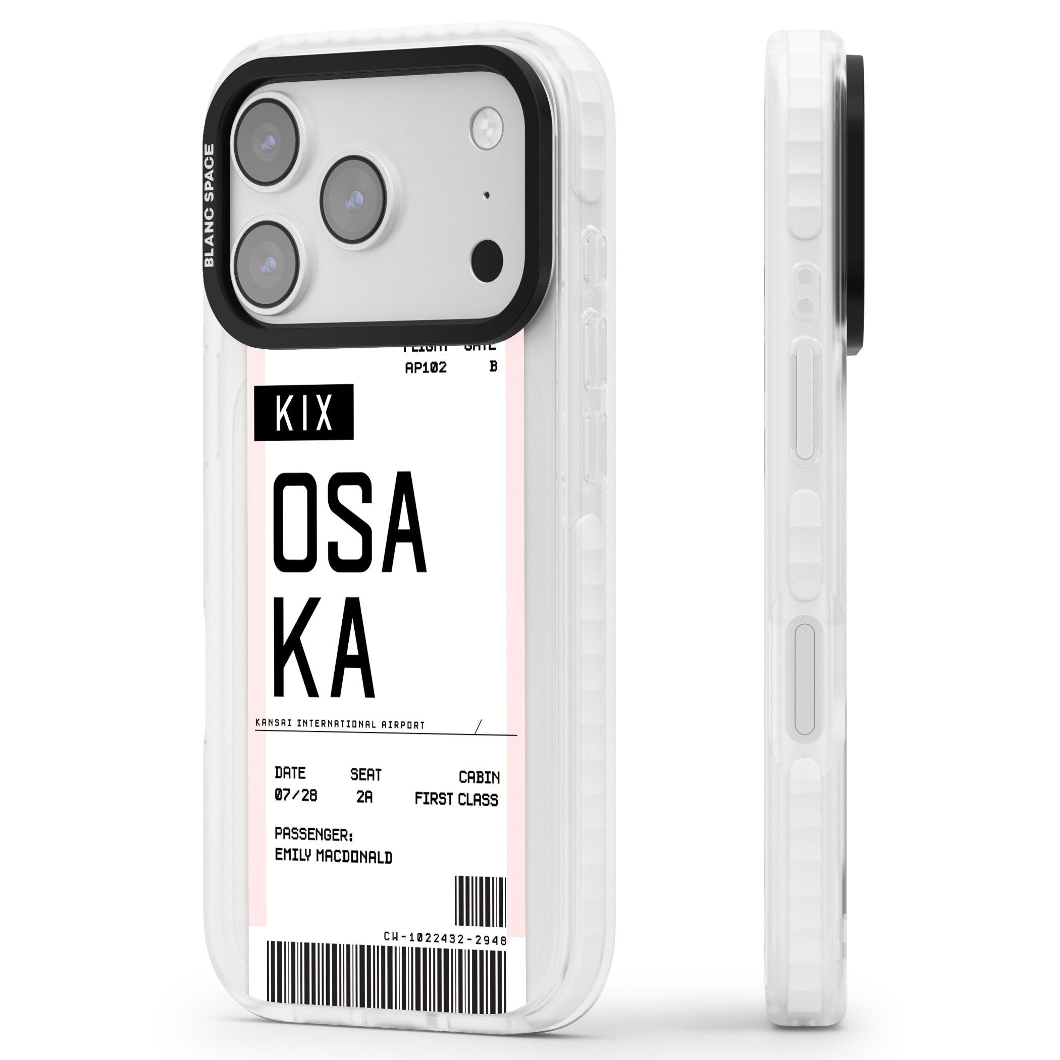 Personalised Osaka Boarding Pass iPhone 17 Pro Max Impact Pro Clear Phone Case Side Profile
