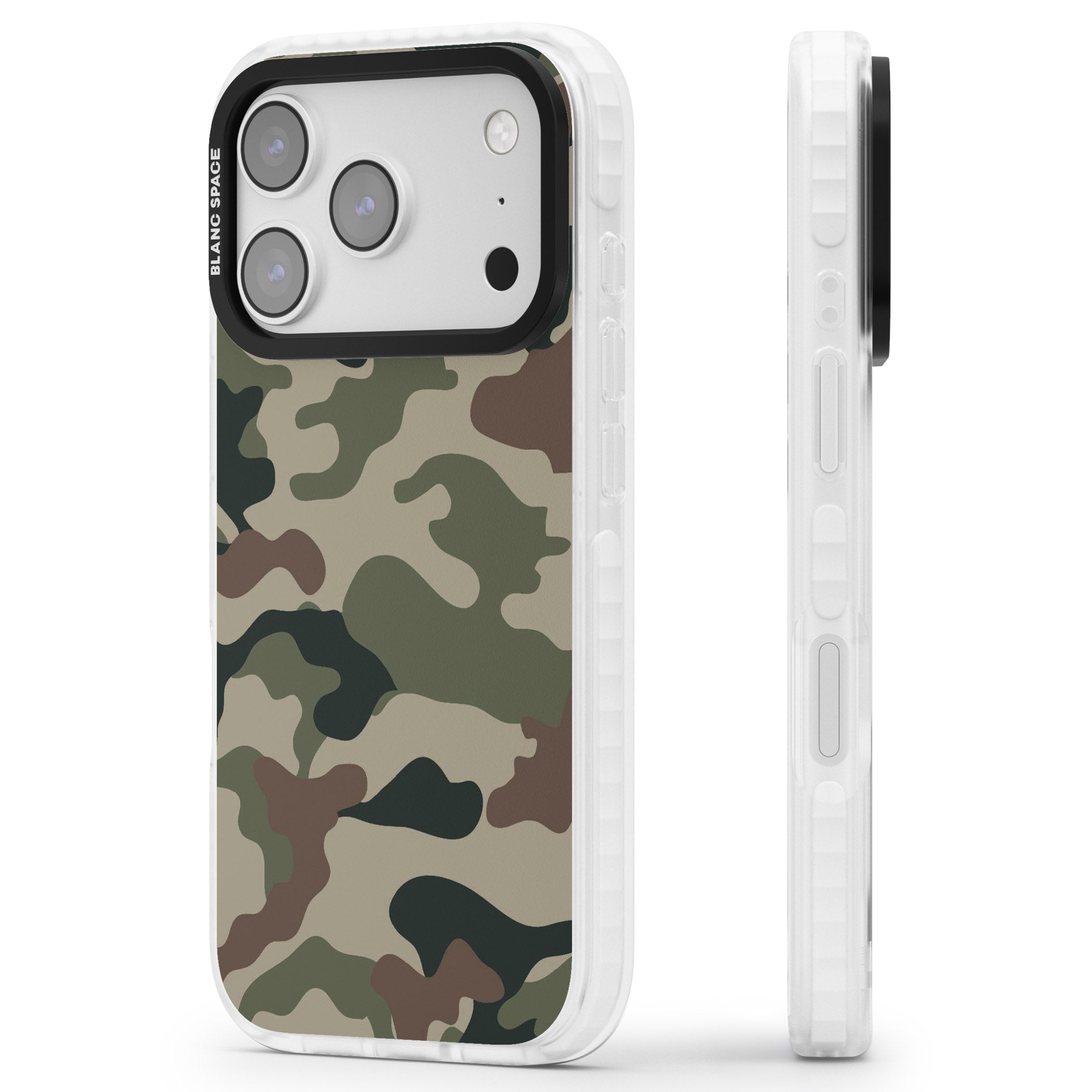 Woodland British Camo iPhone 17 Pro Impact Pro Clear Phone Case Side Profile
