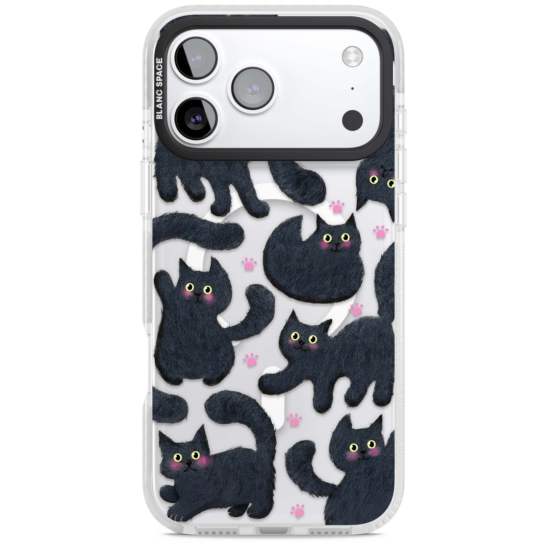 Midnight Cats cute iPhone case featuring black cat pattern with yellow eyes and pink paw prints | Impact Magsafe case for iPhone 17 Pro, iPhone 17 Pro Max