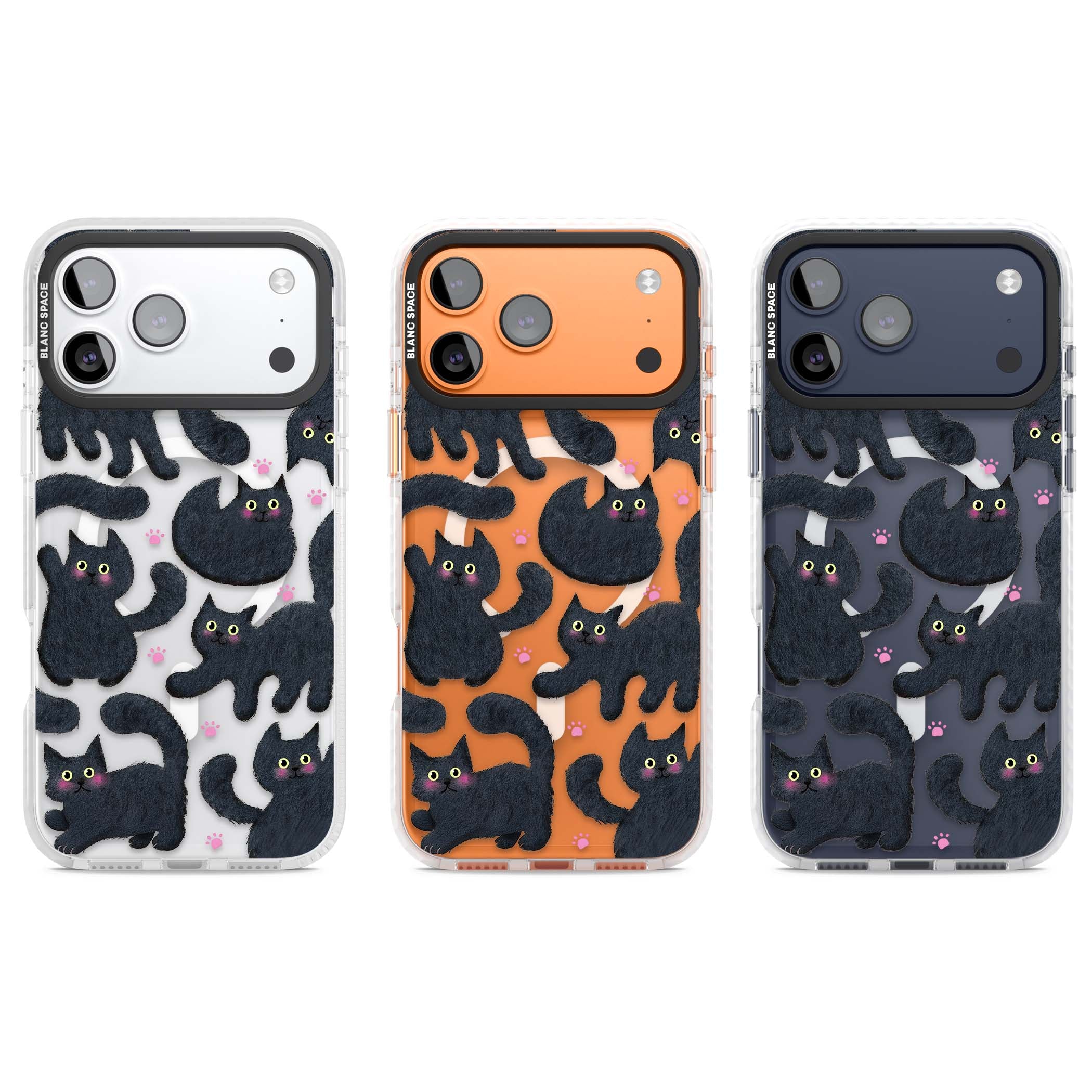 Midnight Cats cute iPhone case featuring black cat pattern with yellow eyes and pink paw prints | Impact Magsafe case for iPhone 17 Pro, iPhone 17 Pro Max