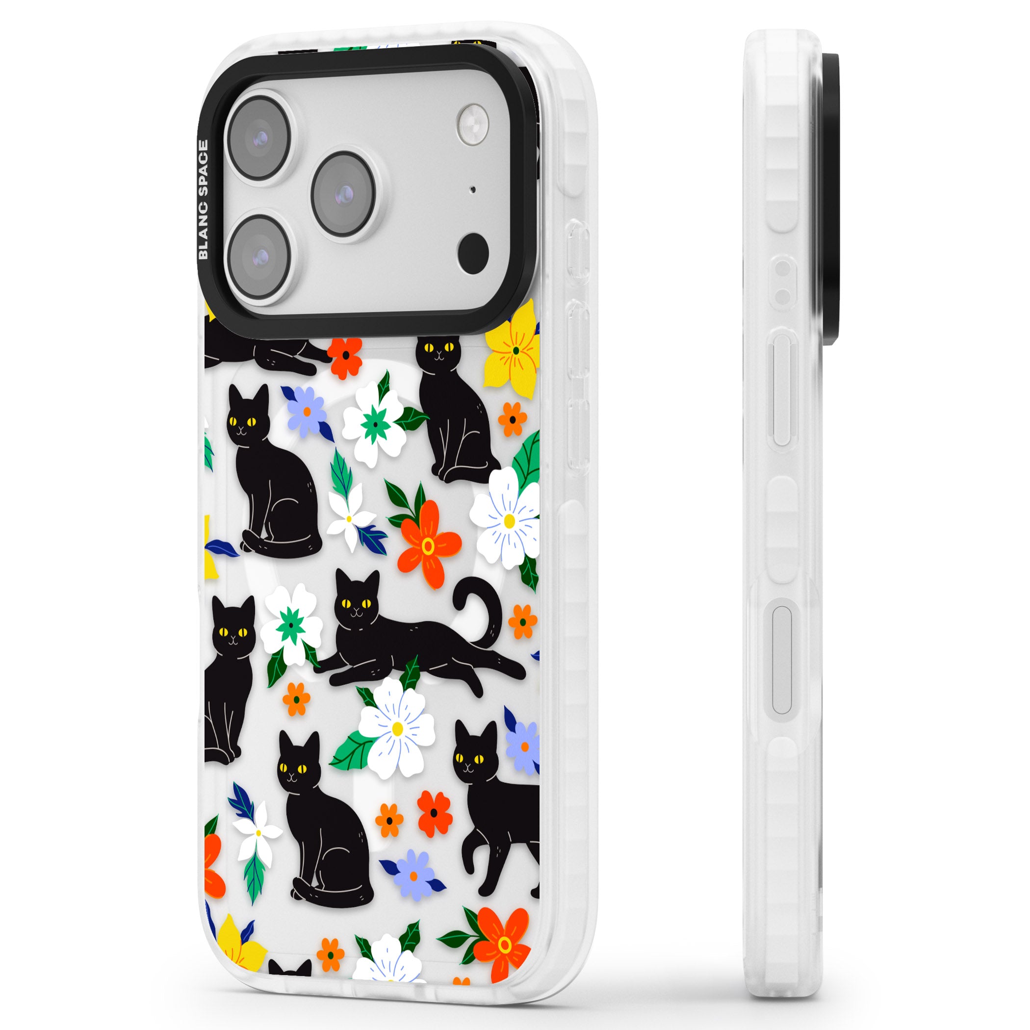 Cats Flowers iPhone 17 Pro Impact Pro Clear Phone Case Side Profile