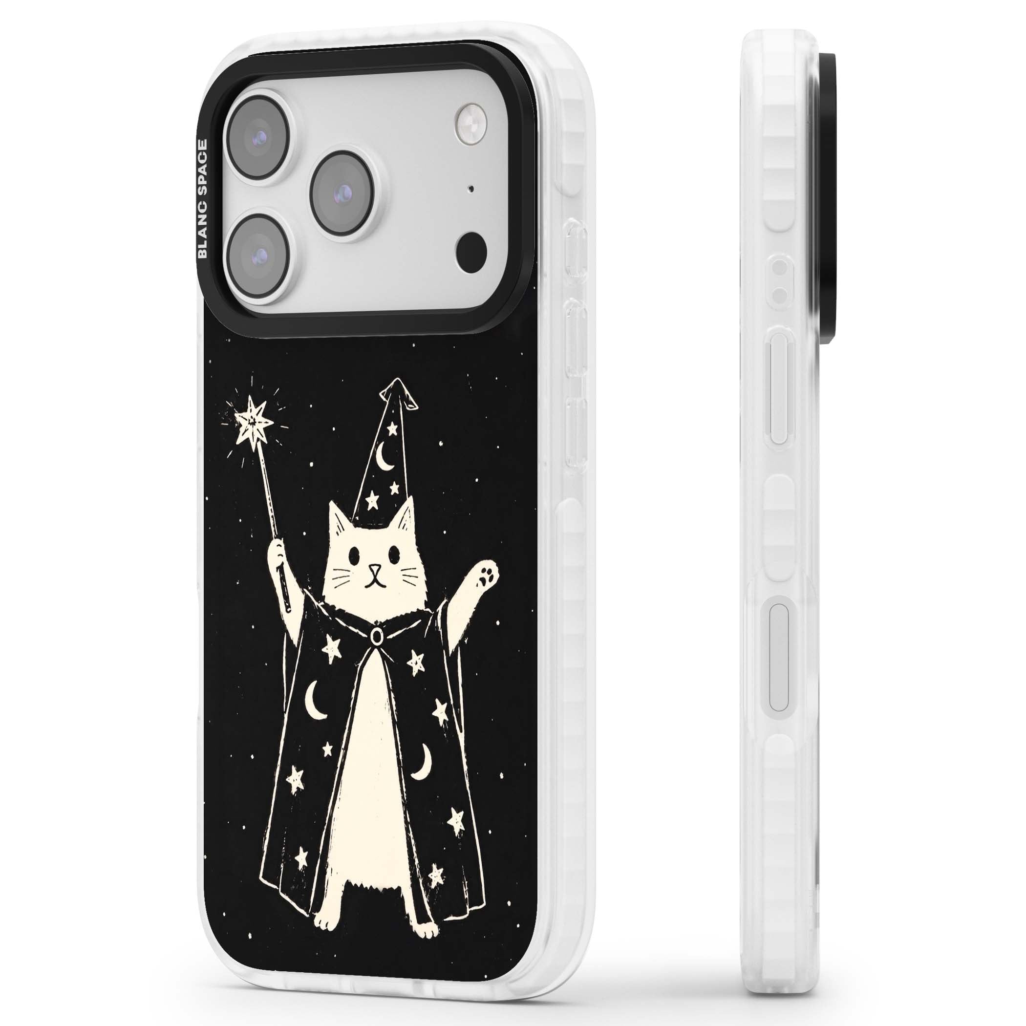 Whisker Wizard celestial cat iPhone case featuring a wizard cat with magic wand, starry night sky and crescent moons | Impact Magsafe case for iPhone 17 Pro, iPhone 17 Pro Max