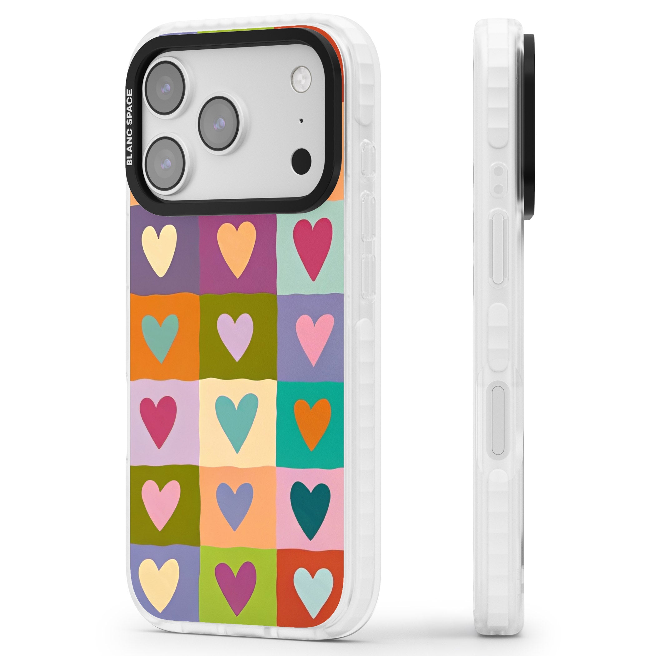 Multicolour Checked Hearts iPhone 17 Pro Impact Pro Clear Phone Case Side Profile