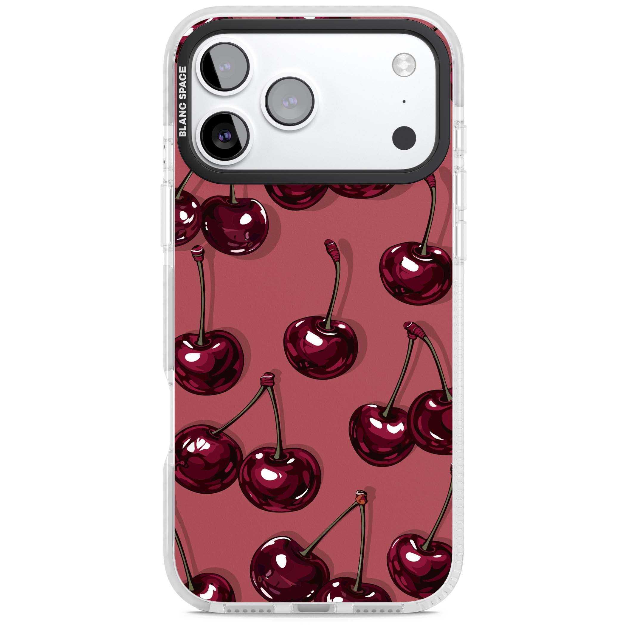 Cherry Rebel coquette iPhone case featuring glossy burgundy cherries on a dusty rose background | Impact Magsafe case for iPhone 17 Pro, iPhone 17 Pro Max