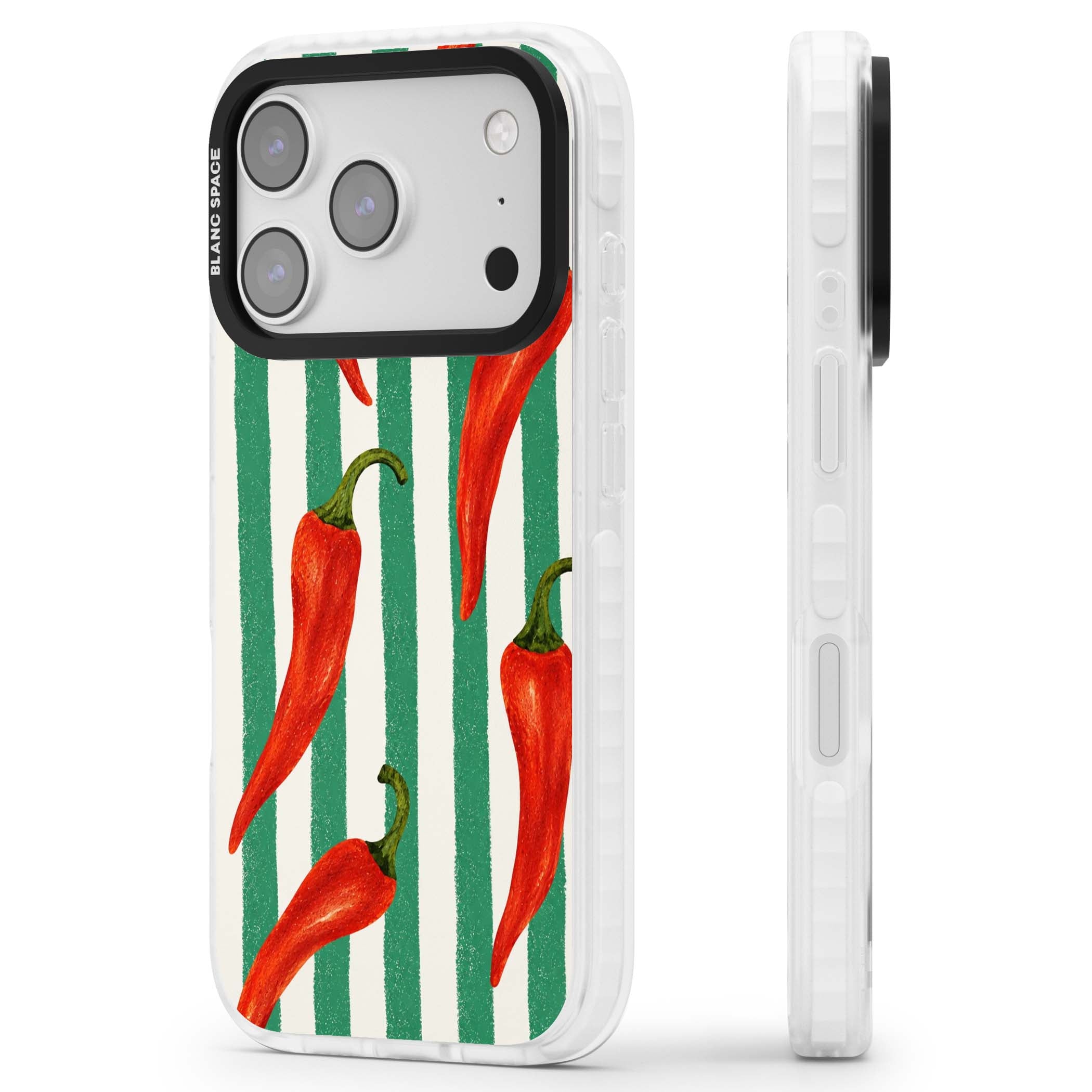 Striped Chillis coastal iPhone case featuring hand-painted red chili peppers on green and cream stripes | Impact Magsafe case for iPhone 17 Pro, iPhone 17 Pro Max