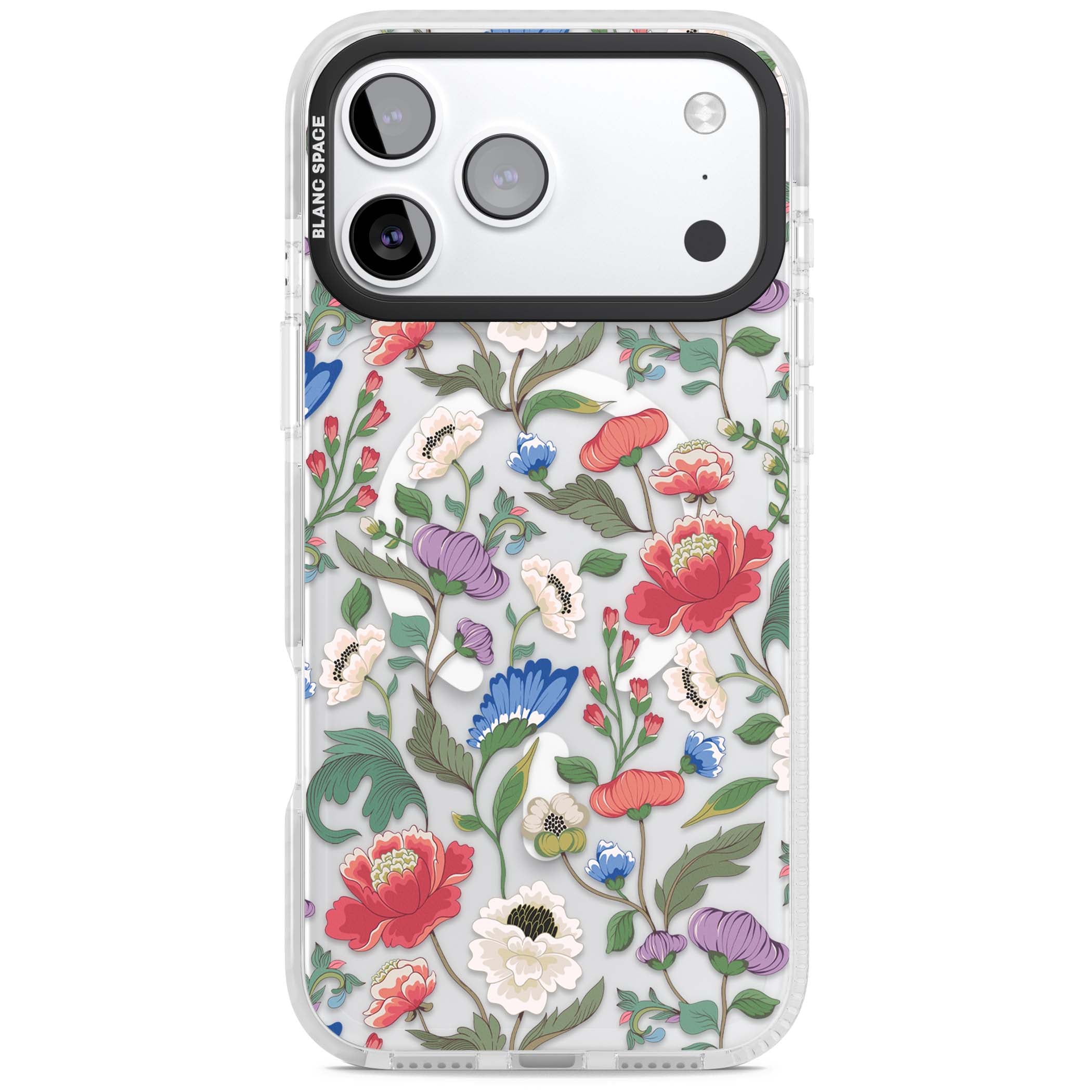 Chinoiserie Bloom vintage floral iPhone case featuring hand-painted peonies, poppies and trailing wildflowers on clear... | Impact Magsafe case for iPhone 17 Pro, iPhone 17 Pro Max