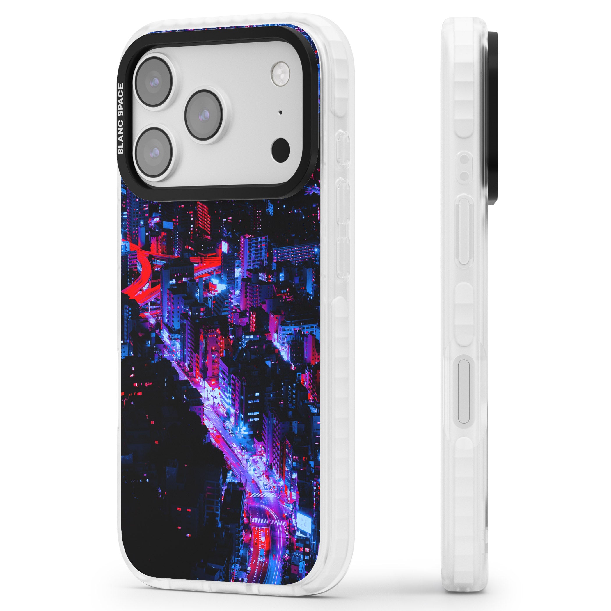 Neon Cityscape iPhone 17 Pro Impact Pro Clear Phone Case Side Profile