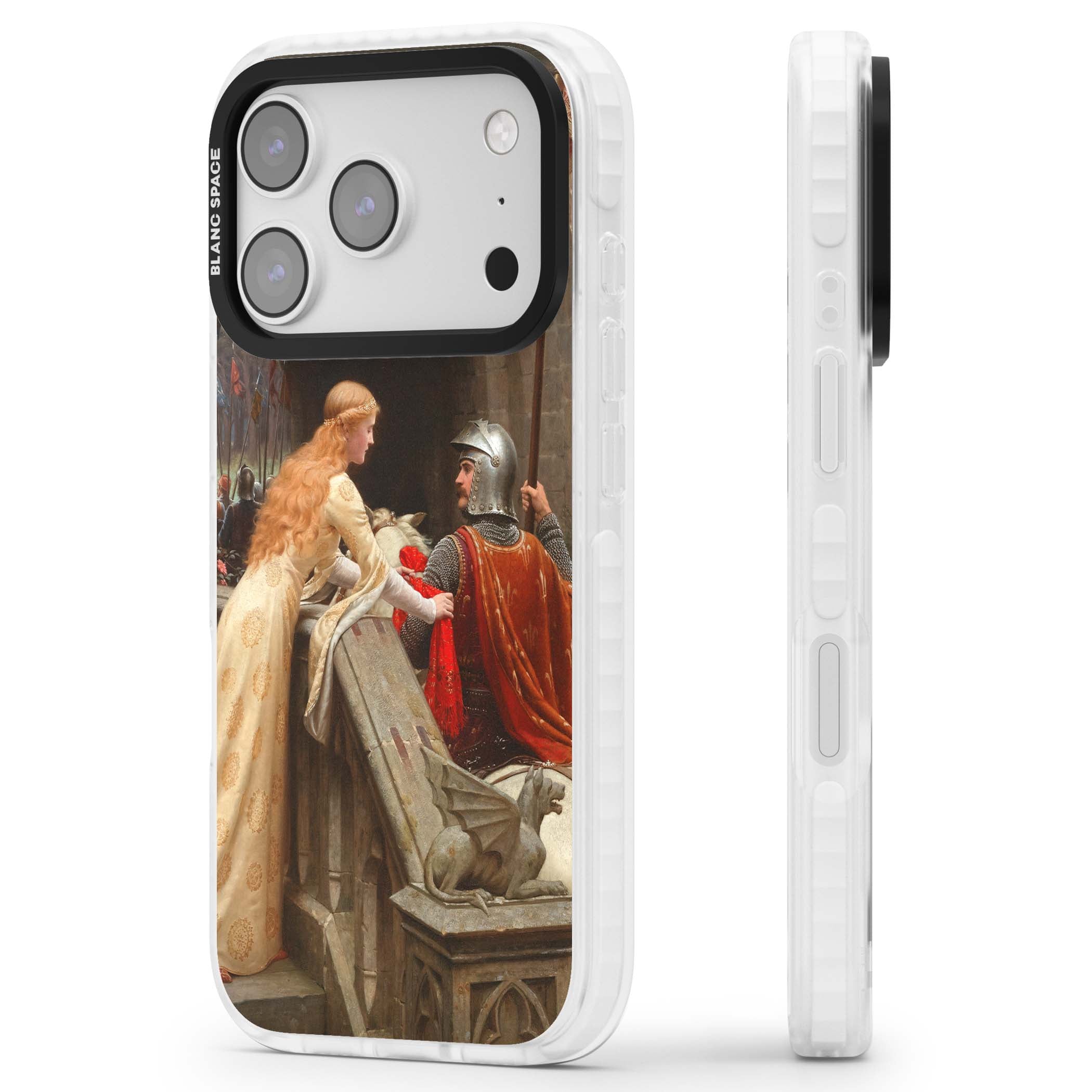 God Speed fine art iPhone case featuring Edmund Blair Leighton's medieval knight and lady beneath a stone archway | Impact Magsafe case for iPhone 17 Pro, iPhone 17 Pro Max
