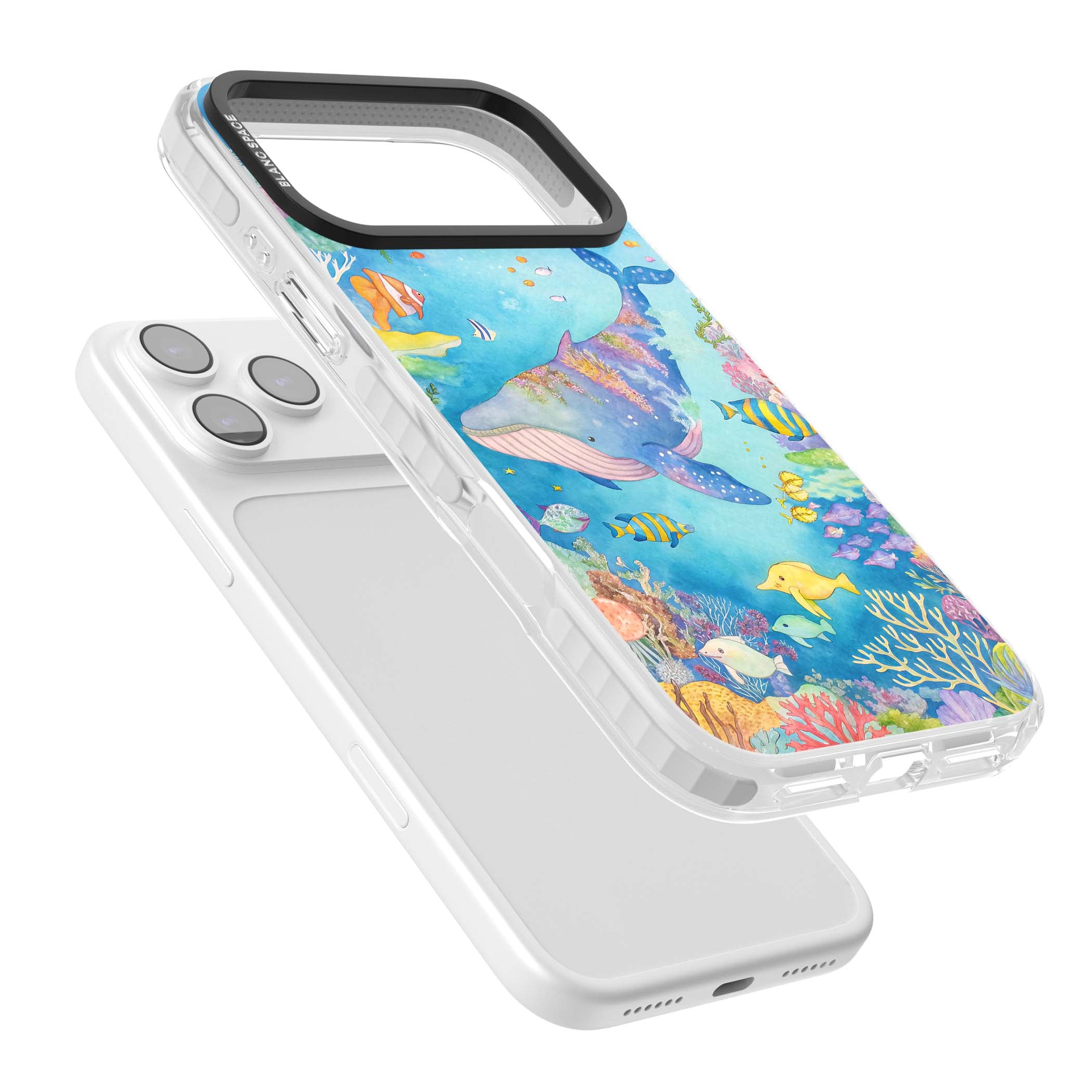 Coral Lagoon ocean iPhone case featuring a watercolour whale, coral reef and tropical fish | Impact Magsafe case for iPhone 17 Pro, iPhone 17 Pro Max