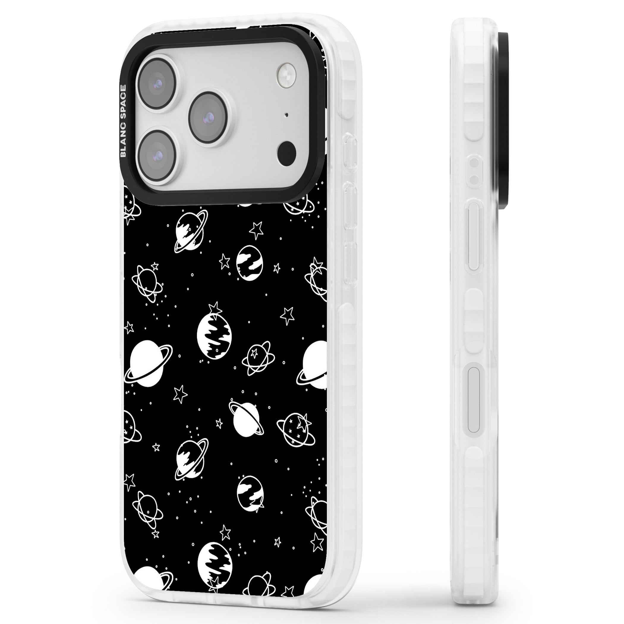 White Planets On Black iPhone 17 Pro Impact Pro Clear Phone Case Side Profile